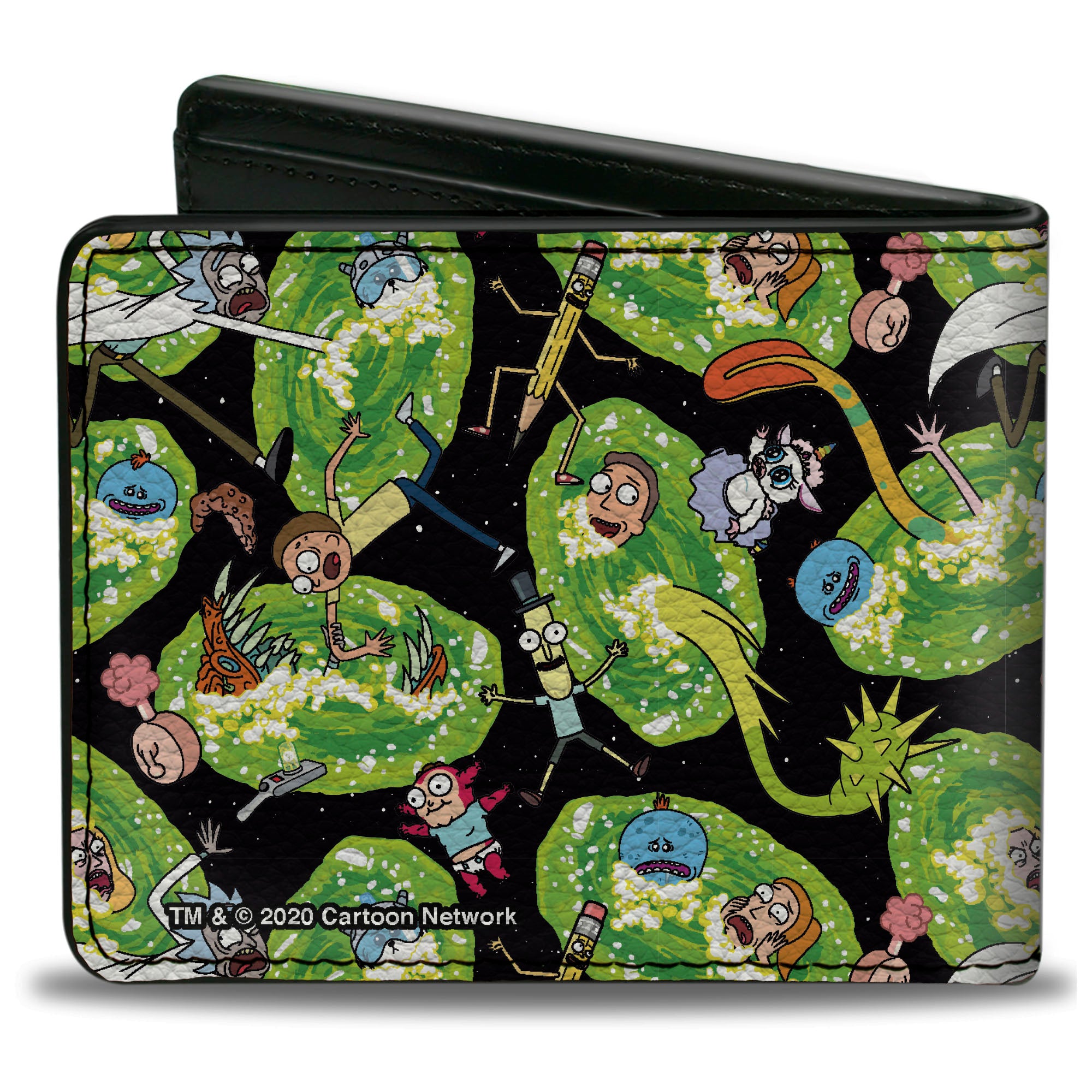 Bi-Fold Wallet - Rick and Morty Portal Multi Character Scattered Black/Green Bi-Fold Wallets Rick and Morty