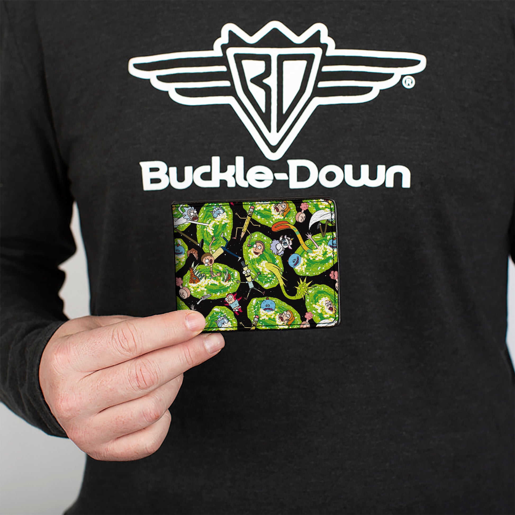 Bi-Fold Wallet - Rick and Morty Portal Multi Character Scattered Black/Green Bi-Fold Wallets Rick and Morty