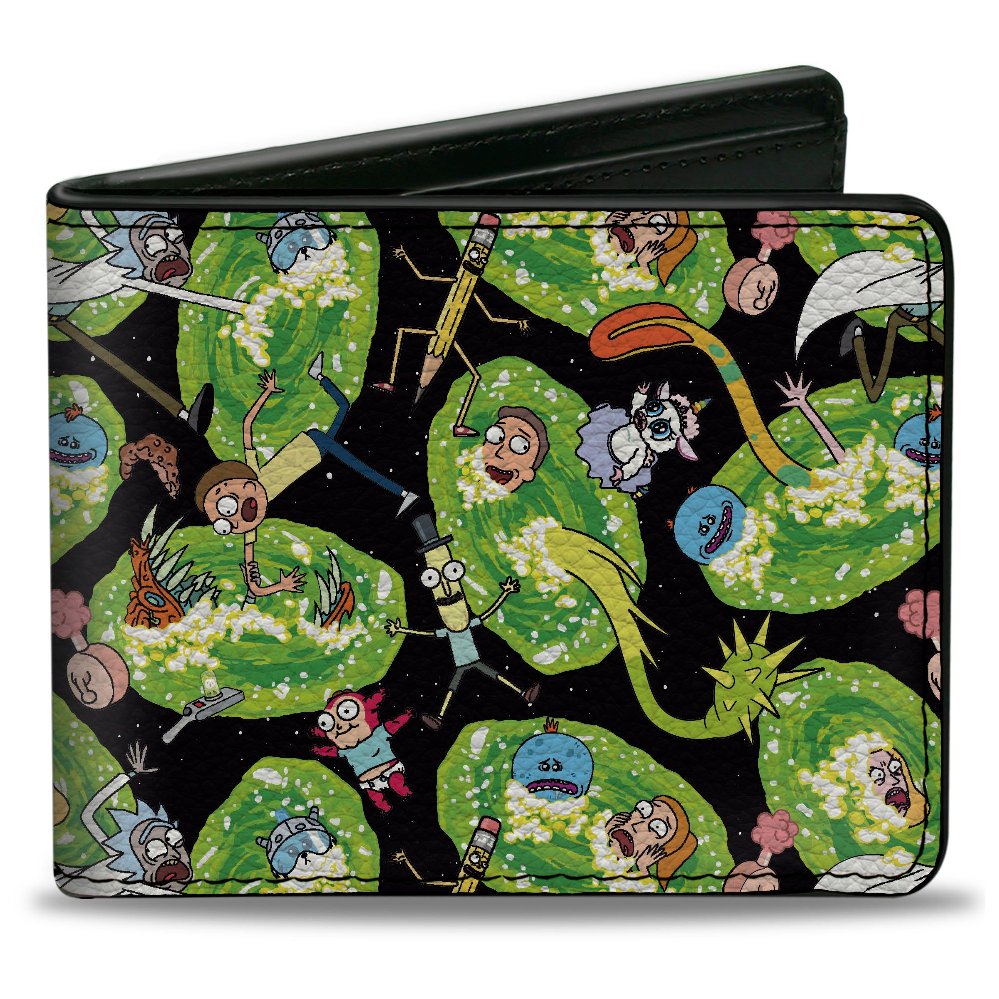 Bi-Fold Wallet - Rick and Morty Portal Multi Character Scattered Black/Green Bi-Fold Wallets Rick and Morty