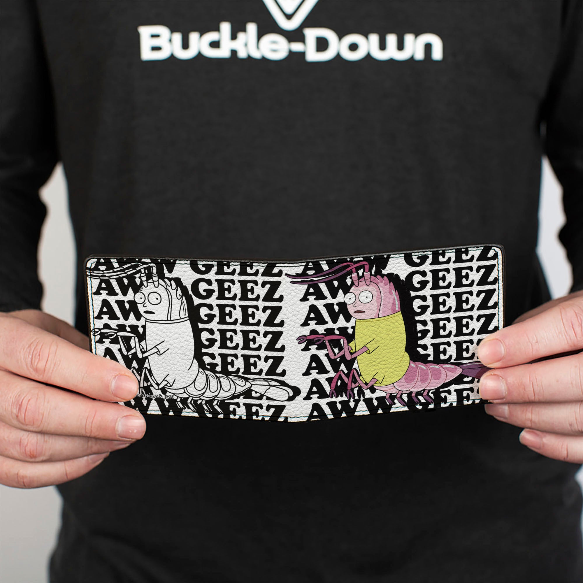 Bi-Fold Wallet - Shrimp Morty AWW GEEZ Pose and Text White/Black Bi-Fold Wallets Rick and Morty