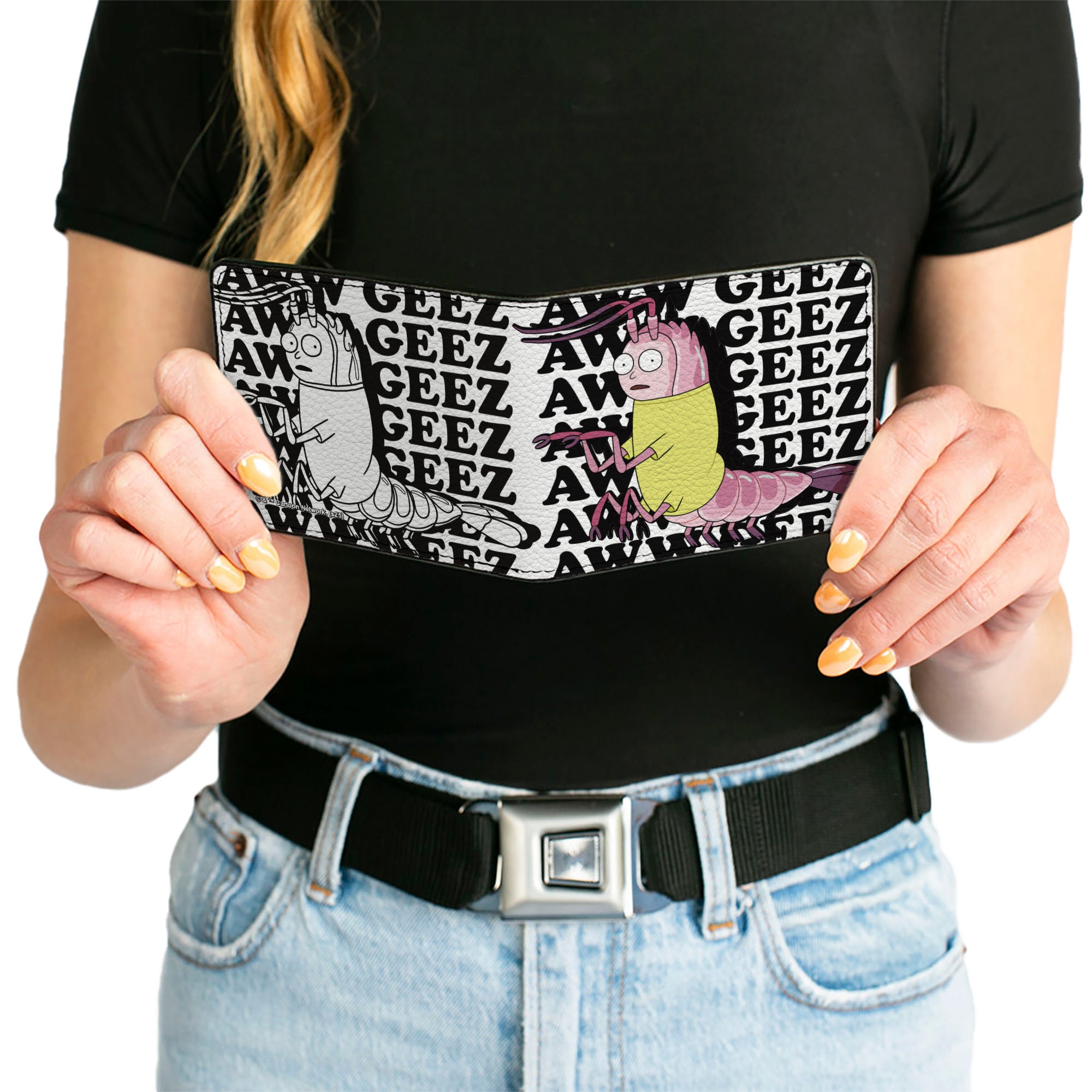Bi-Fold Wallet - Shrimp Morty AWW GEEZ Pose and Text White/Black Bi-Fold Wallets Rick and Morty
