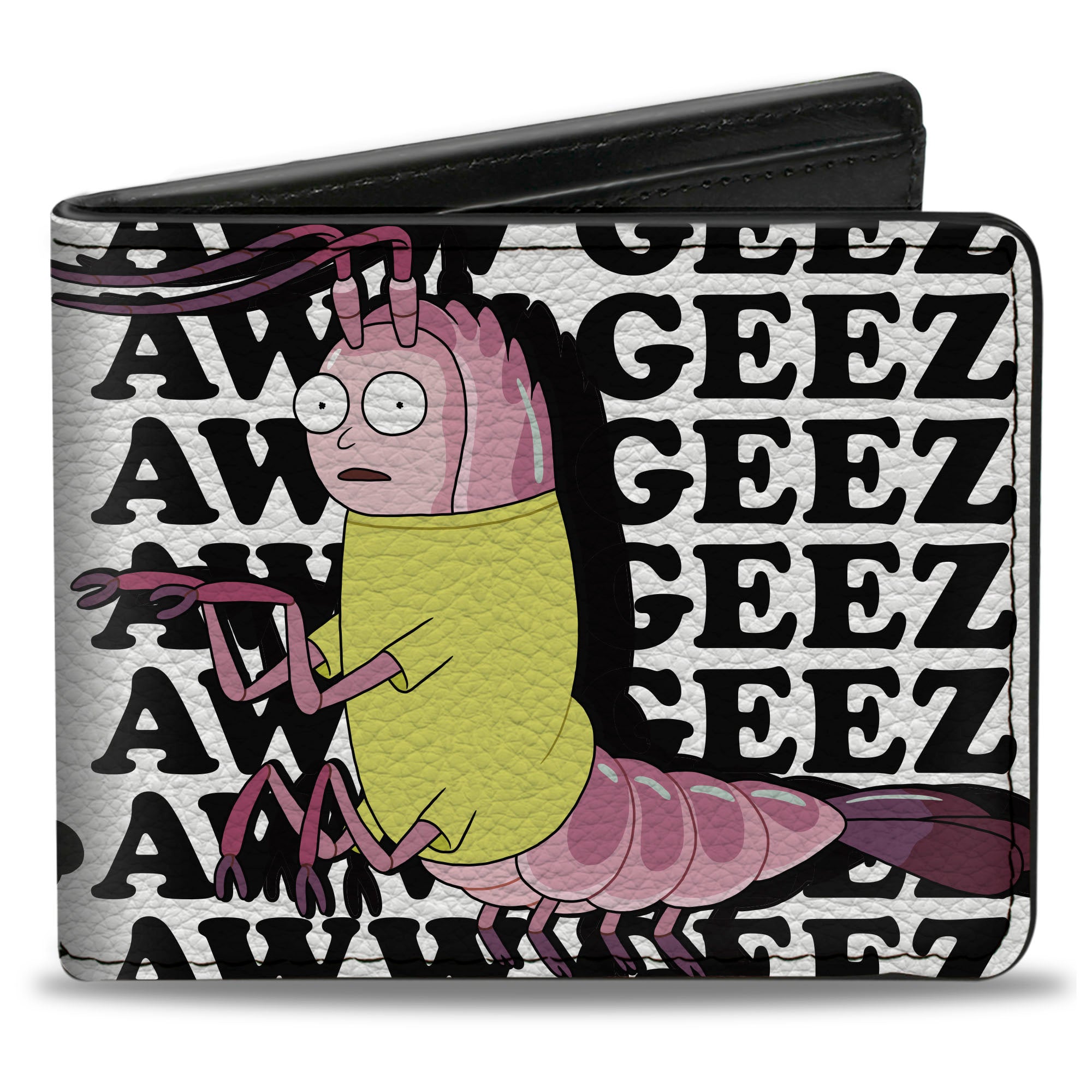 Bi-Fold Wallet - Shrimp Morty AWW GEEZ Pose and Text White/Black Bi-Fold Wallets Rick and Morty