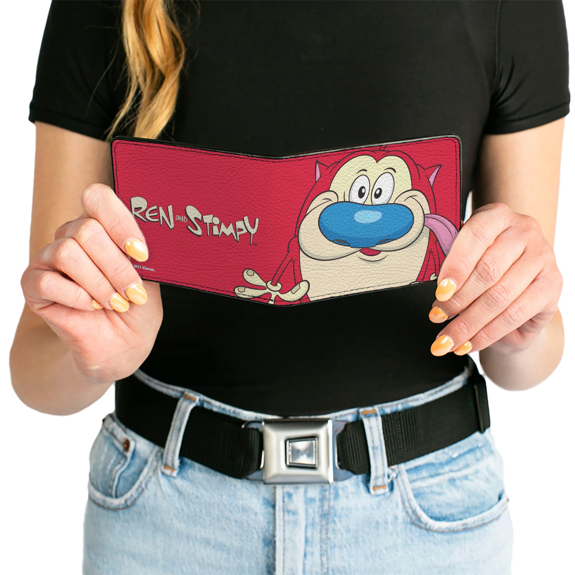 Bi-Fold Wallet - The Ren & Stimpy Show Stimpy Face CLOSE-UP + Logo Red Bi-Fold Wallets Ren and Stimpy
