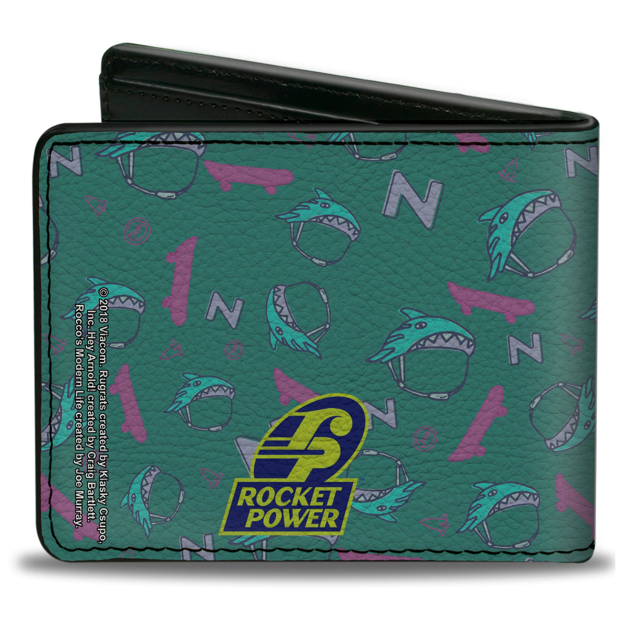 Bi-Fold Wallet - ROCKET POWER Sam Skateboard Pose + Text Scattered Icons Blues Purples Gold Bi-Fold Wallets Rocket Power