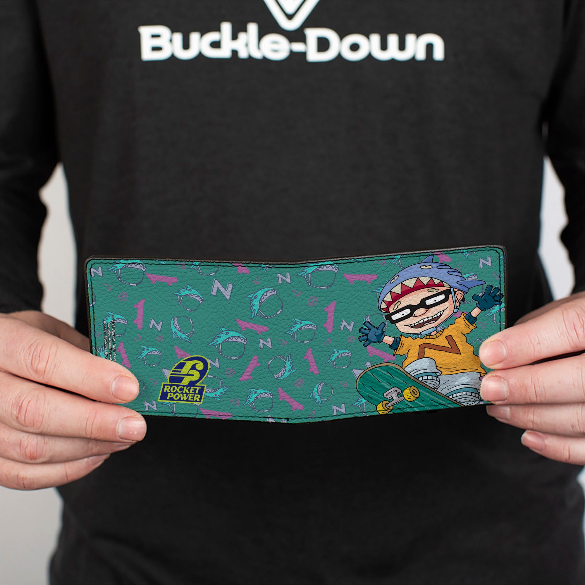 Bi-Fold Wallet - ROCKET POWER Sam Skateboard Pose + Text Scattered Icons Blues Purples Gold Bi-Fold Wallets Rocket Power