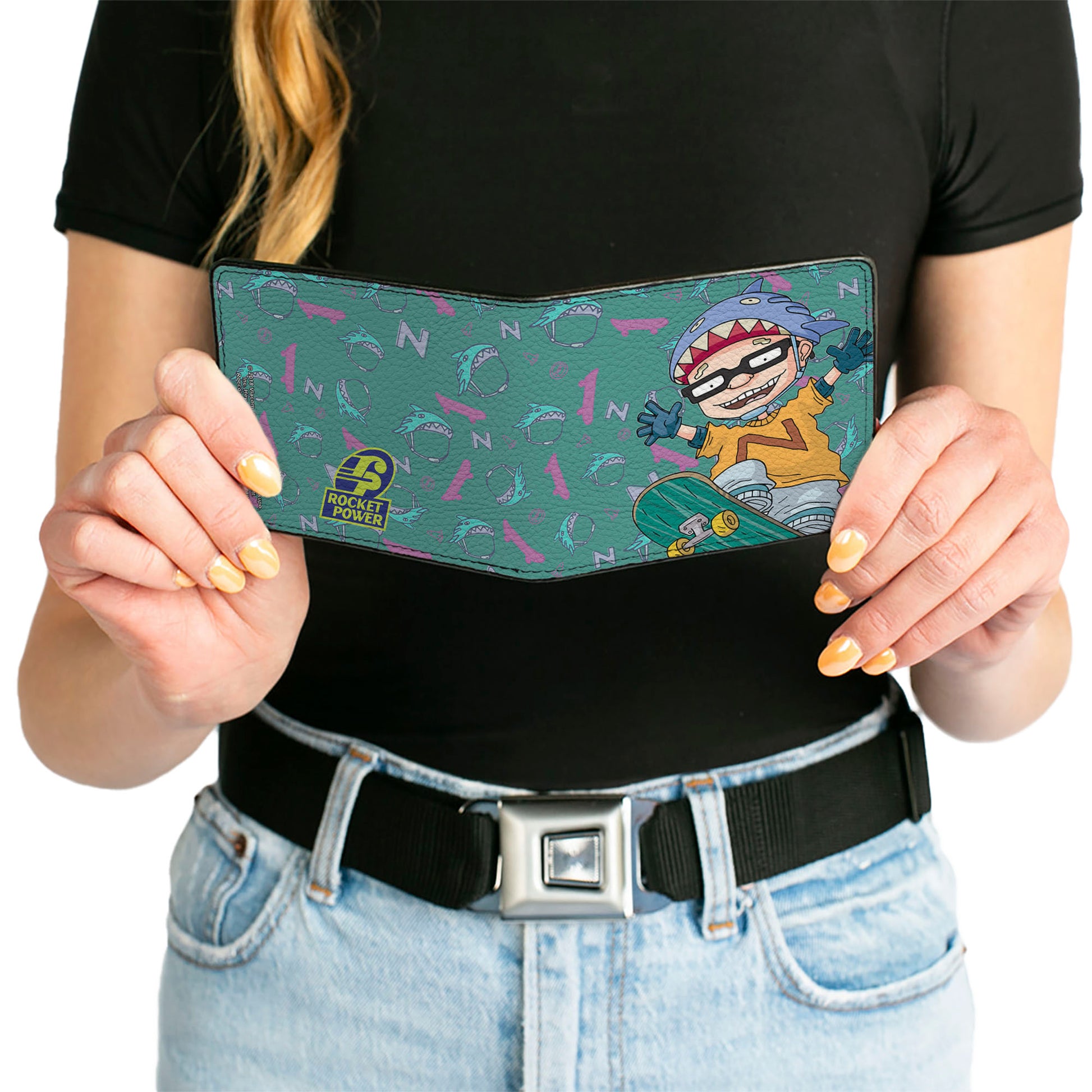 Bi-Fold Wallet - ROCKET POWER Sam Skateboard Pose + Text Scattered Icons Blues Purples Gold Bi-Fold Wallets Rocket Power