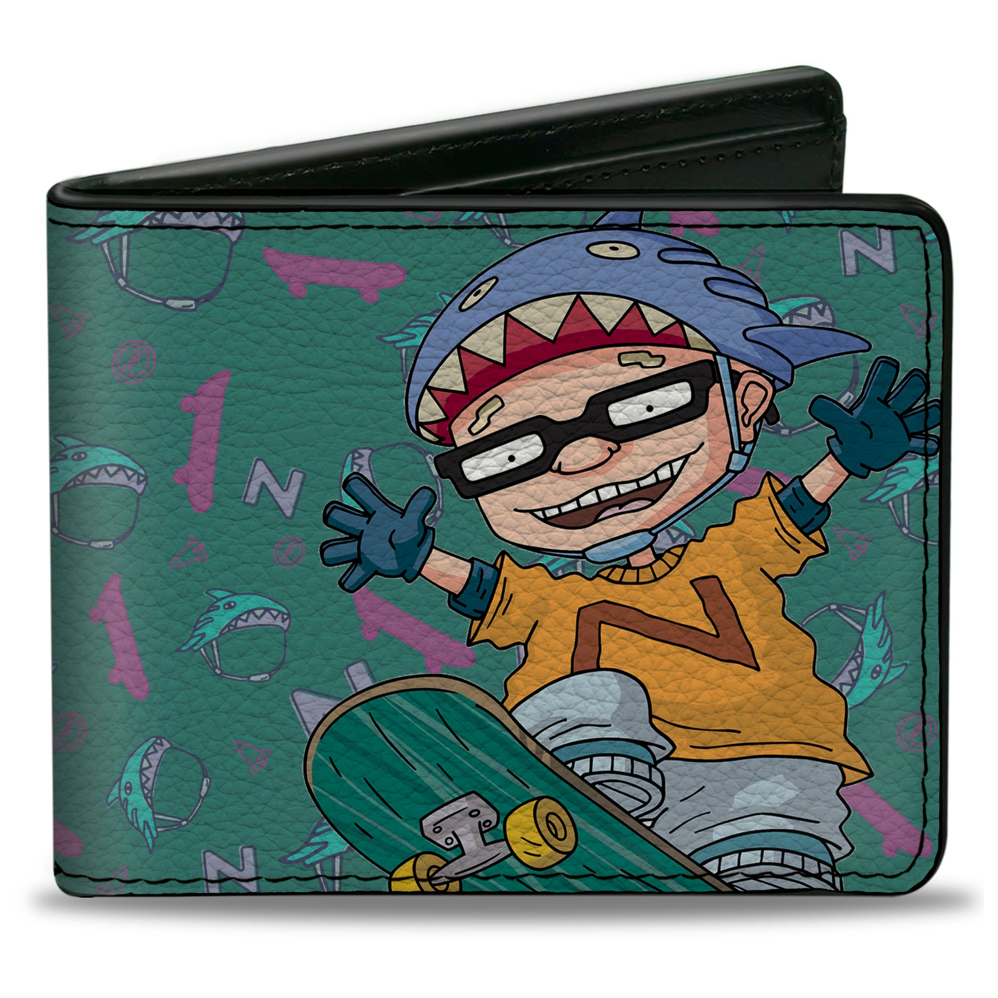 Bi-Fold Wallet - ROCKET POWER Sam Skateboard Pose + Text Scattered Icons Blues Purples Gold Bi-Fold Wallets Rocket Power