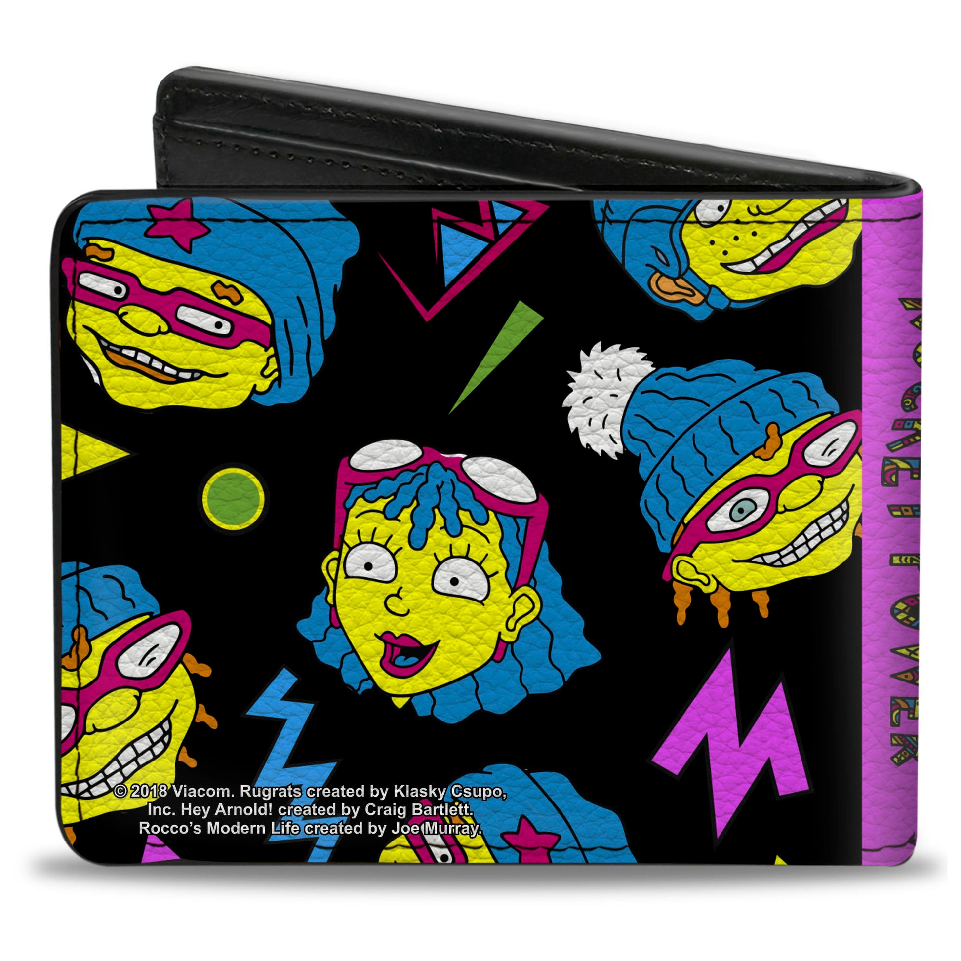 Bi-Fold Wallet - ROCKET POWER 4-Character Faces Scattered Black Multi Neon Bi-Fold Wallets Rocket Power