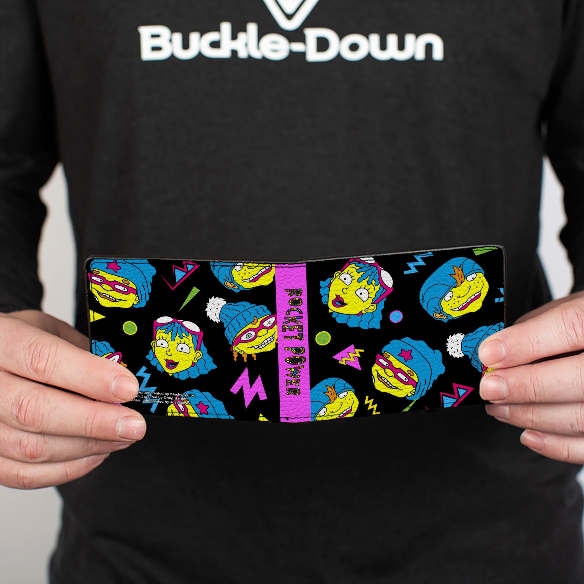 Bi-Fold Wallet - ROCKET POWER 4-Character Faces Scattered Black Multi Neon Bi-Fold Wallets Rocket Power
