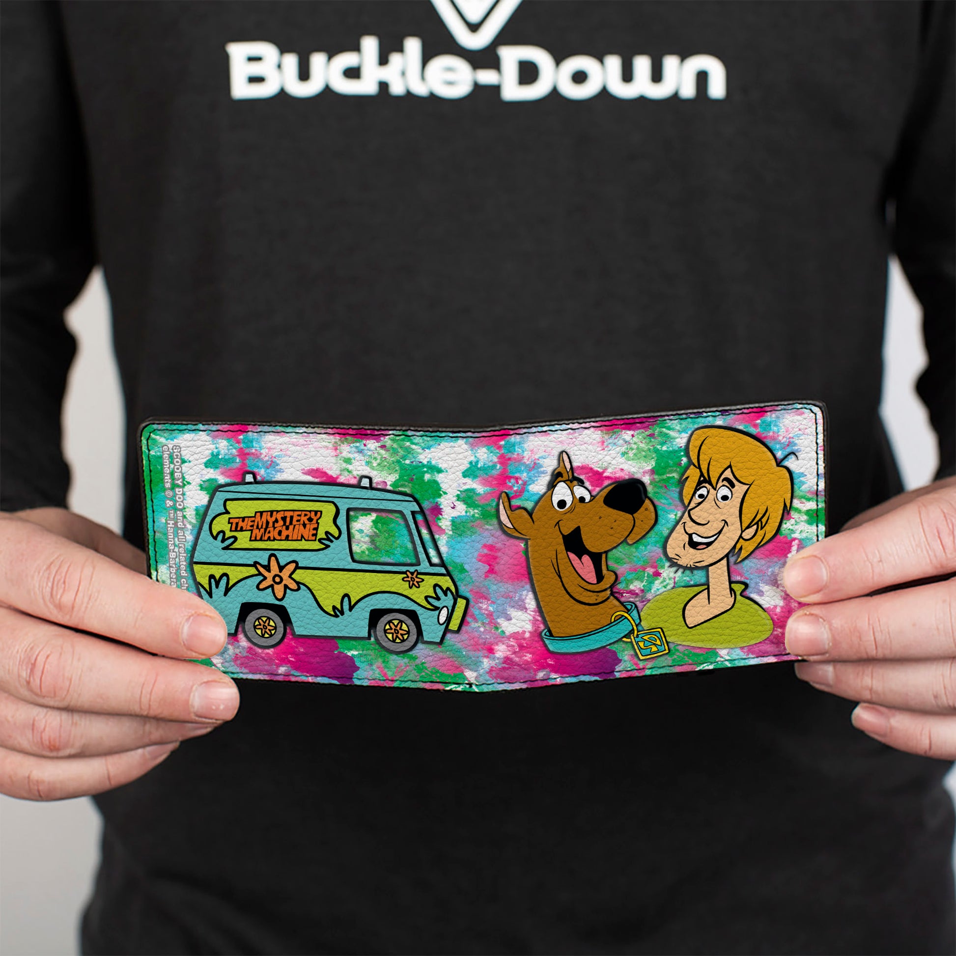 Bi-Fold Wallet - Scooby & Shaggy Smiling + Mystery Machine Splatter White Pinks Greens Bi-Fold Wallets Scooby Doo
