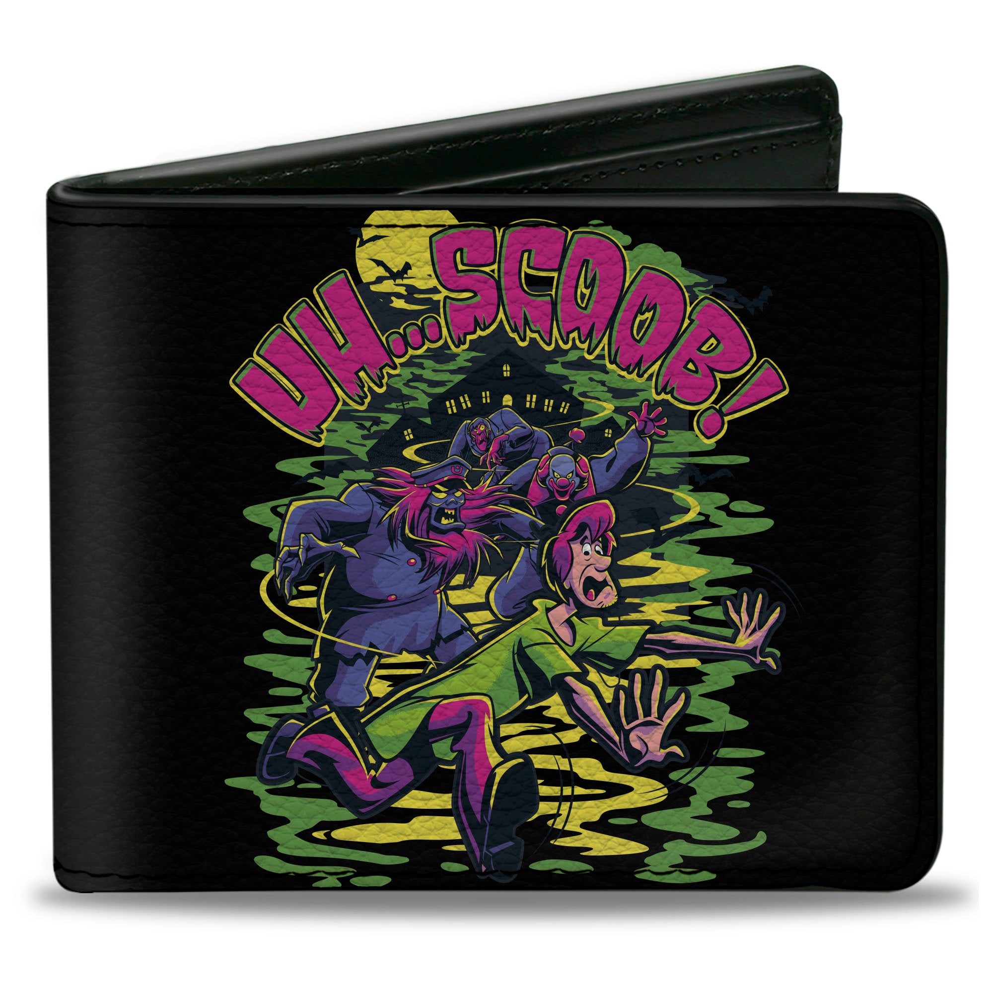 Bi-Fold Wallet - Scooby-Doo Monsters Chasing Shaggy UH SCOOB! Pose Green Yellow Pink Bi-Fold Wallets Scooby Doo