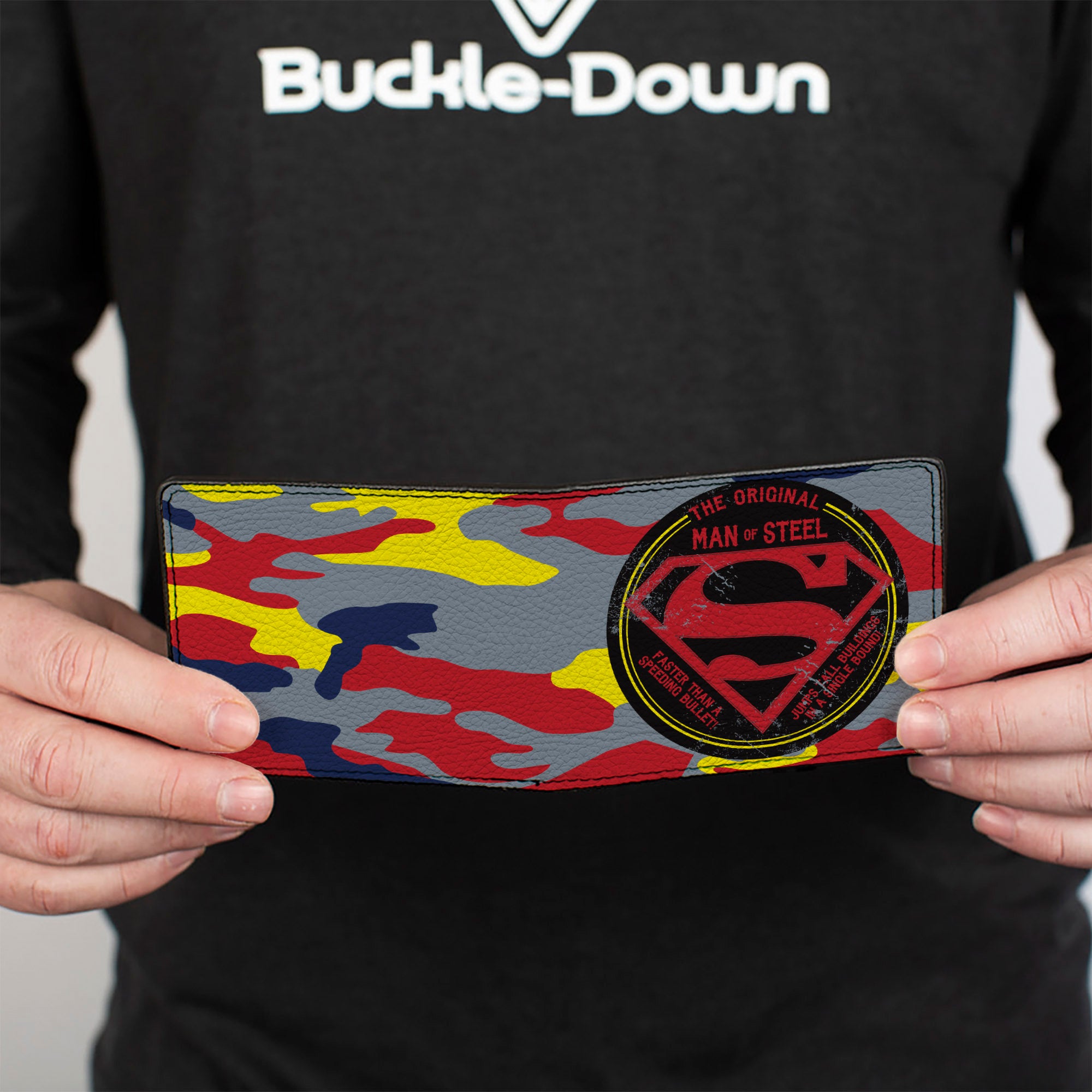 Bi-Fold Wallet - Superman THE ORIGINAL MAN OF STEEL Badge Camo Gray Red Yellow Blue Bi-Fold Wallets DC Comics