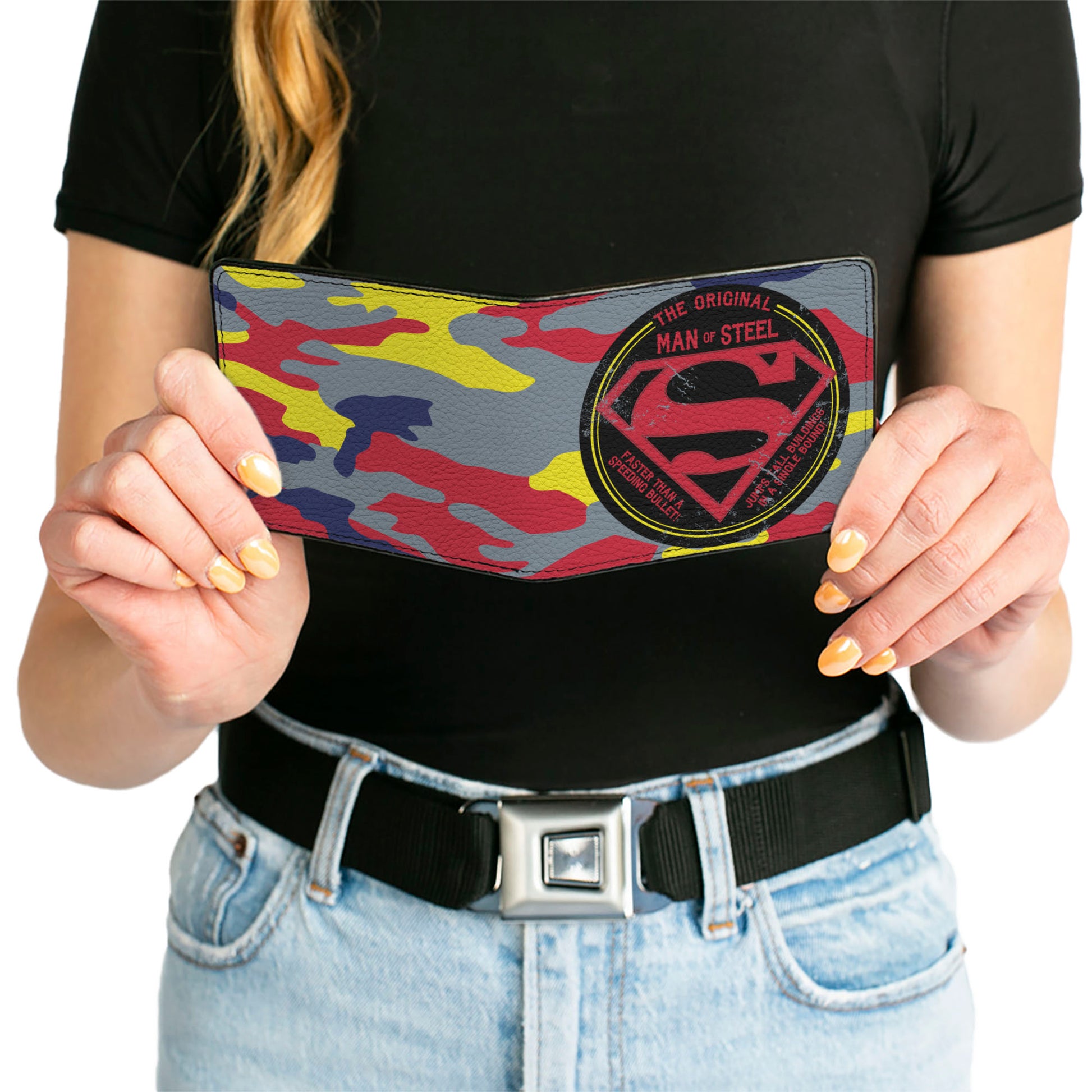 Bi-Fold Wallet - Superman THE ORIGINAL MAN OF STEEL Badge Camo Gray Red Yellow Blue Bi-Fold Wallets DC Comics