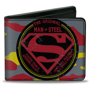 Bi-Fold Wallet - Superman THE ORIGINAL MAN OF STEEL Badge Camo Gray Red Yellow Blue Bi-Fold Wallets DC Comics