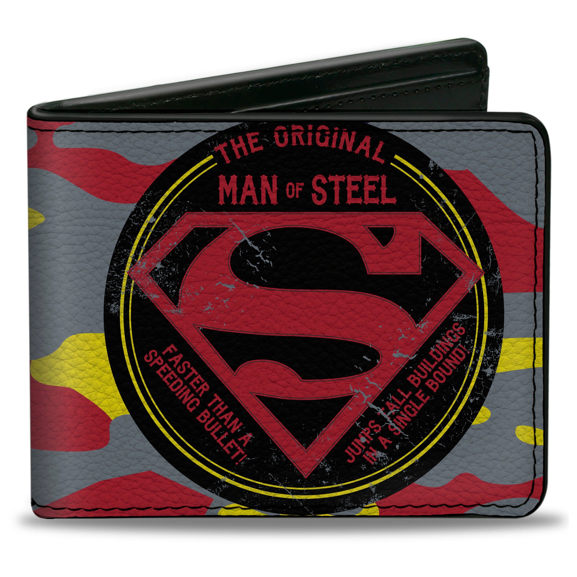 Bi-Fold Wallet - Superman THE ORIGINAL MAN OF STEEL Badge Camo Gray Red Yellow Blue Bi-Fold Wallets DC Comics