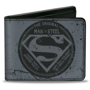 Bi-Fold Wallet - Superman THE ORIGINAL MAN OF STEEL Badge + Quote Weathered Grays Red Bi-Fold Wallets DC Comics