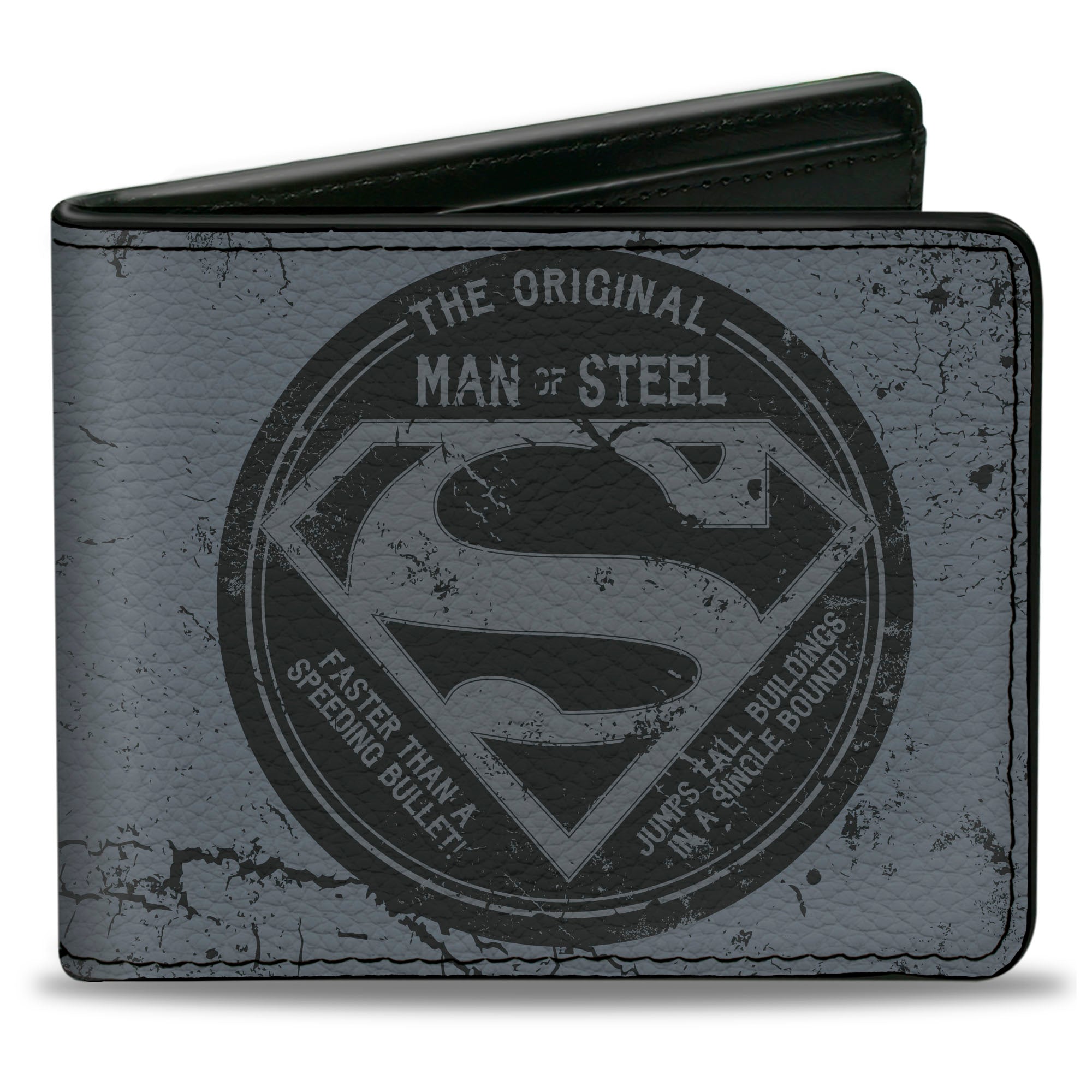 Bi-Fold Wallet - Superman THE ORIGINAL MAN OF STEEL Badge + Quote Weathered Grays Red Bi-Fold Wallets DC Comics
