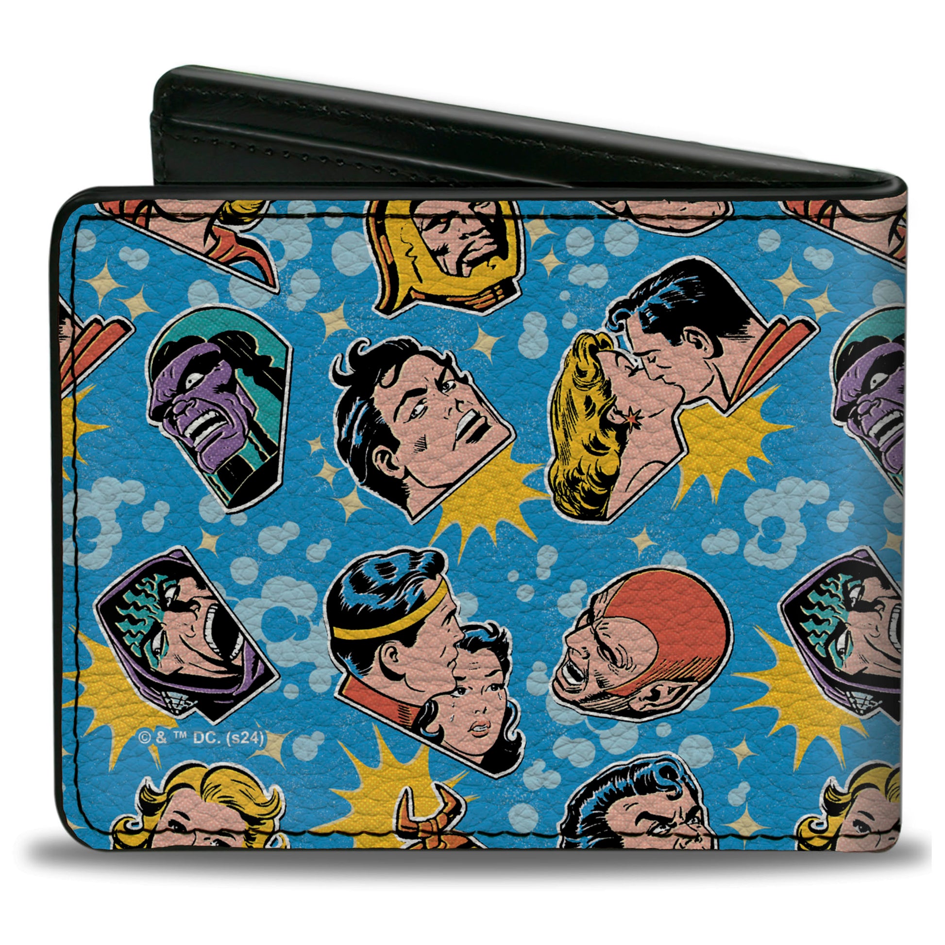 Bi-Fold Wallet - Vintage Superman Supergirl and Villains Faces Scattered Blues Bi-Fold Wallets DC Comics