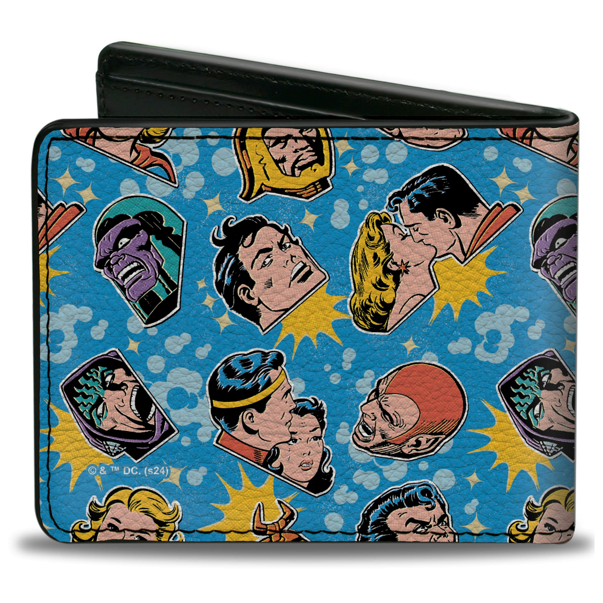 Bi-Fold Wallet - Vintage Superman Supergirl and Villains Faces Scattered Blues Bi-Fold Wallets DC Comics