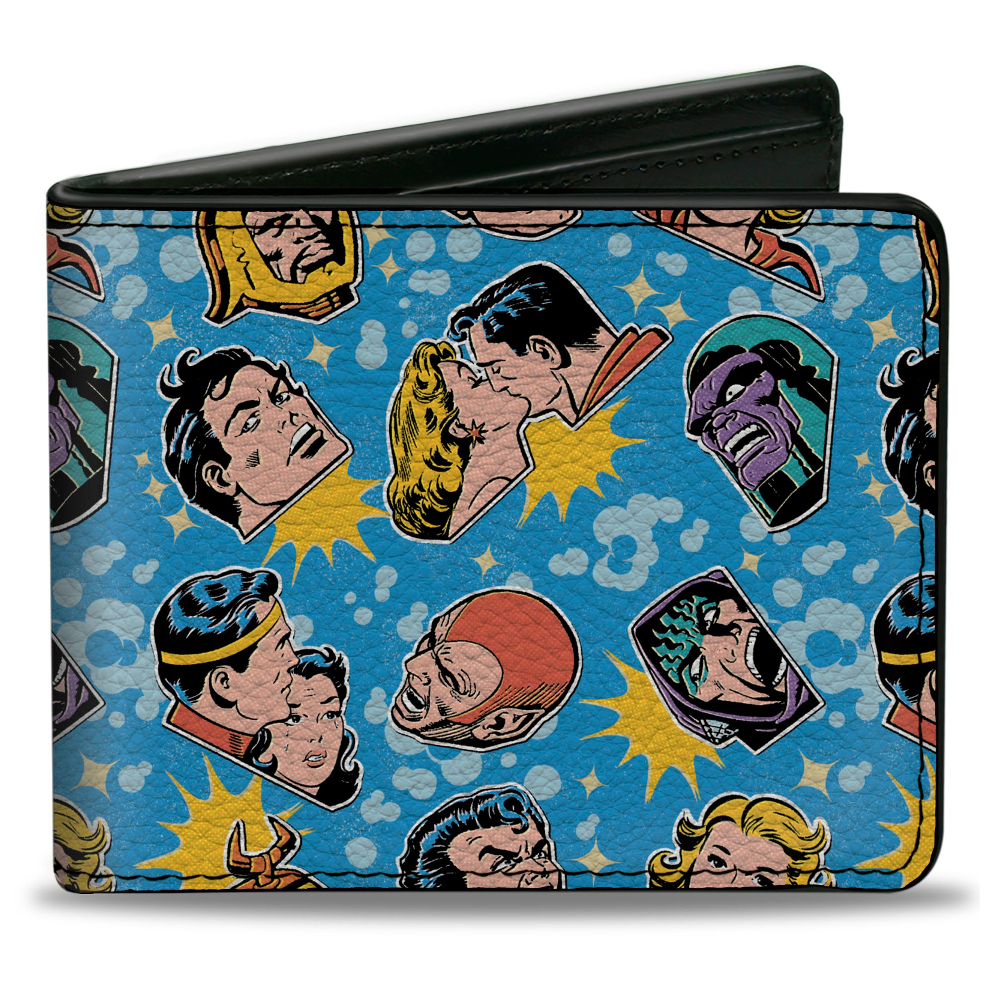 Bi-Fold Wallet - Vintage Superman Supergirl and Villains Faces Scattered Blues Bi-Fold Wallets DC Comics