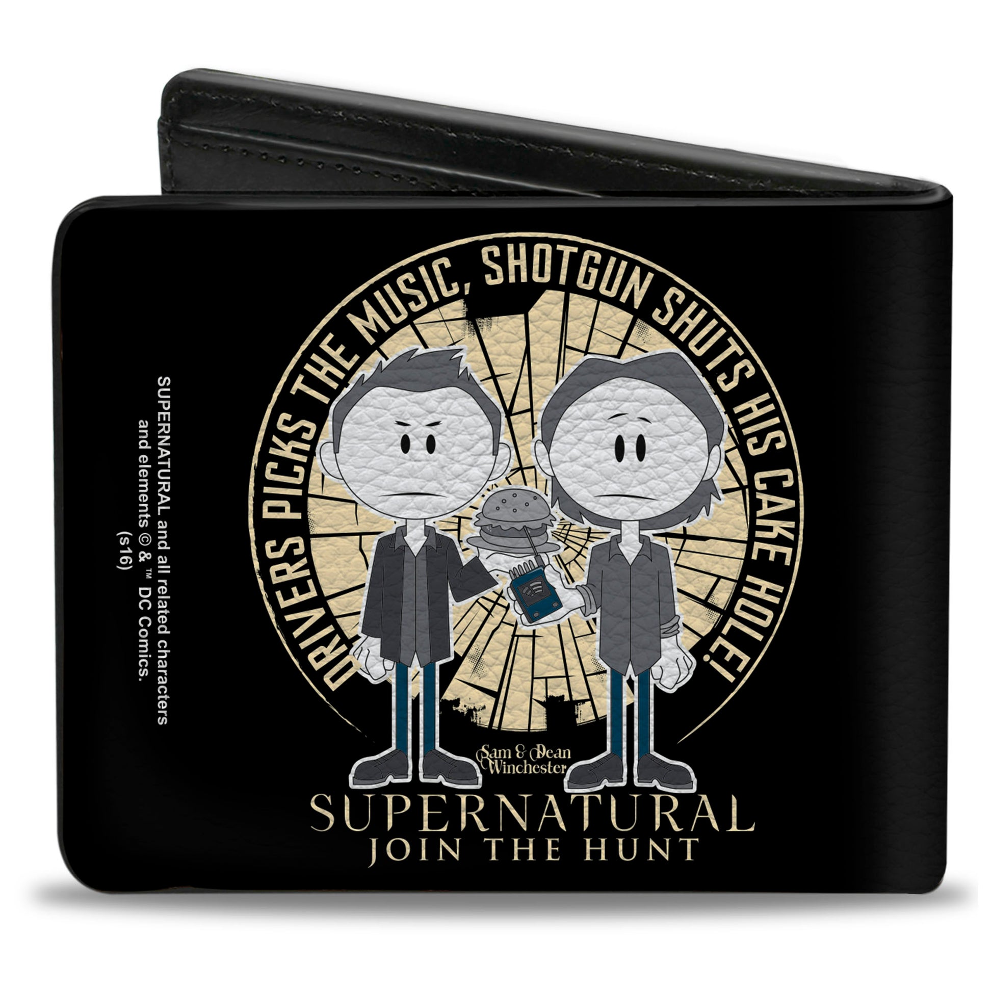Bi-Fold Wallet - Supernatural Sam & Dean Caricatures DRIVER PICKS THE MUSIC Shattered Glass Black White Grays Blues Bi-Fold Wallets Supernatural