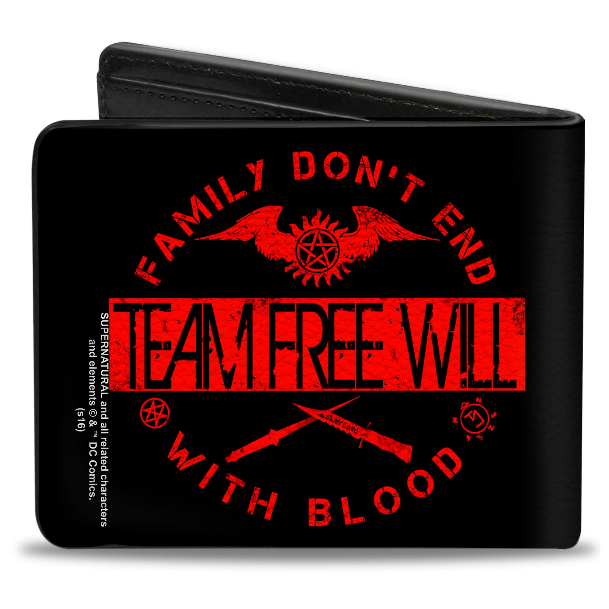 Bi-Fold Wallet - Supernatural TEAM FREE WILL-FAMILY DON'T END WITH BLOOD Black Red Bi-Fold Wallets Supernatural