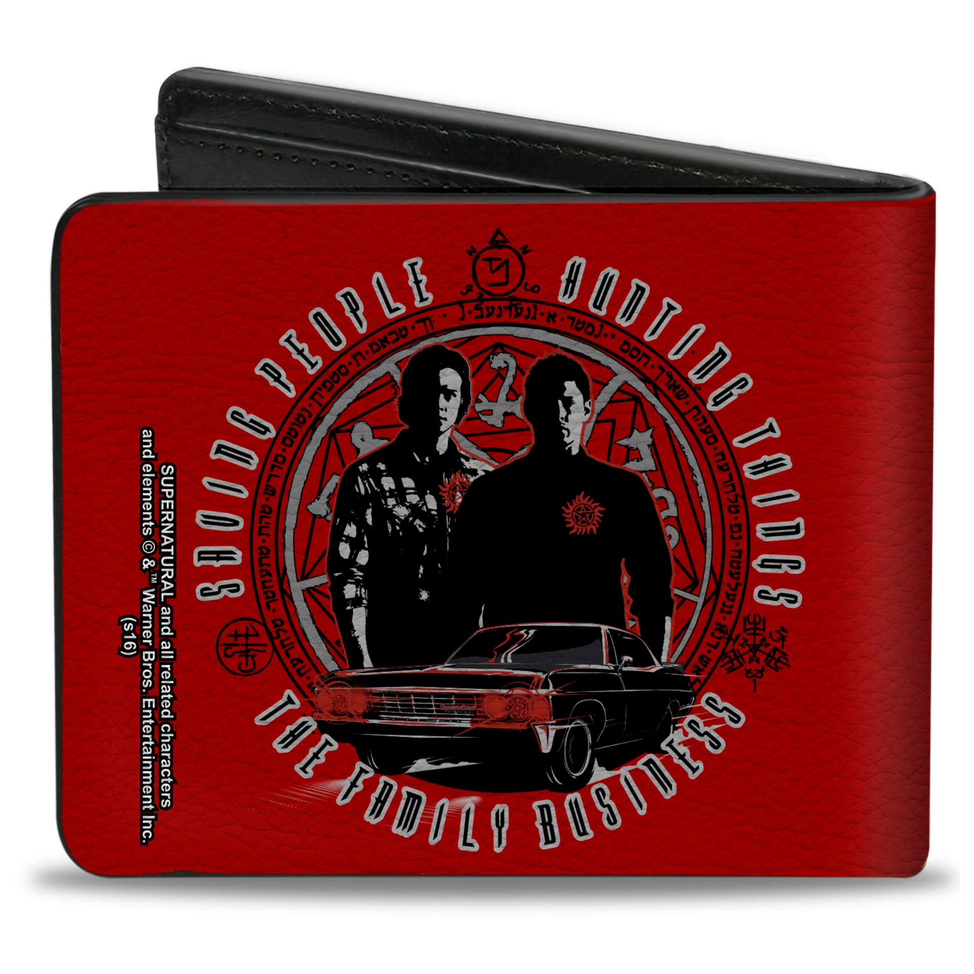Bi-Fold Wallet - Supernatural Sam & Dean Pose Impala Symbols SAVING PEOPLE-HUNTING THINGS-THE FAMILY BUSINESS Red Grays Black Bi-Fold Wallets Supernatural