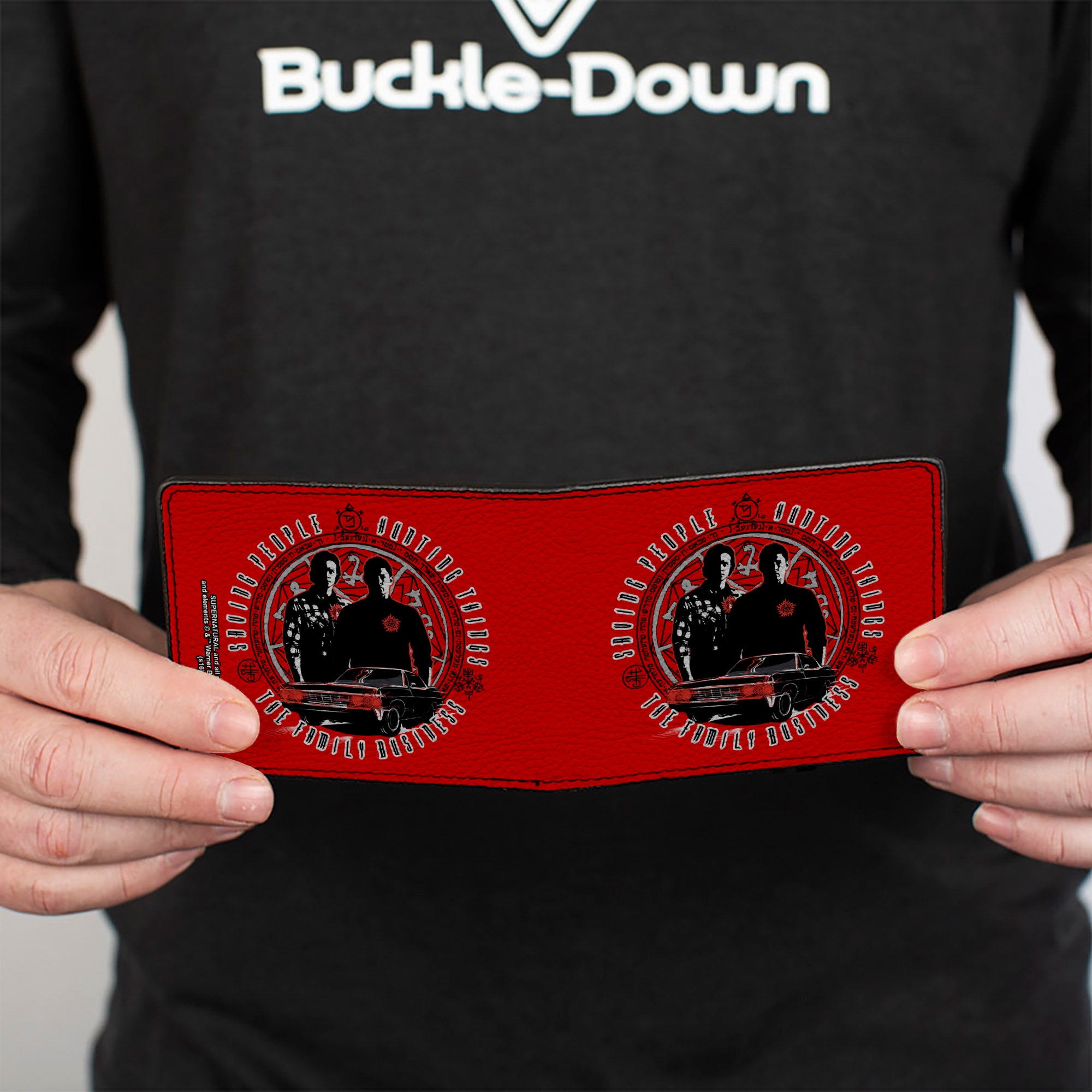 Bi-Fold Wallet - Supernatural Sam & Dean Pose Impala Symbols SAVING PEOPLE-HUNTING THINGS-THE FAMILY BUSINESS Red Grays Black Bi-Fold Wallets Supernatural