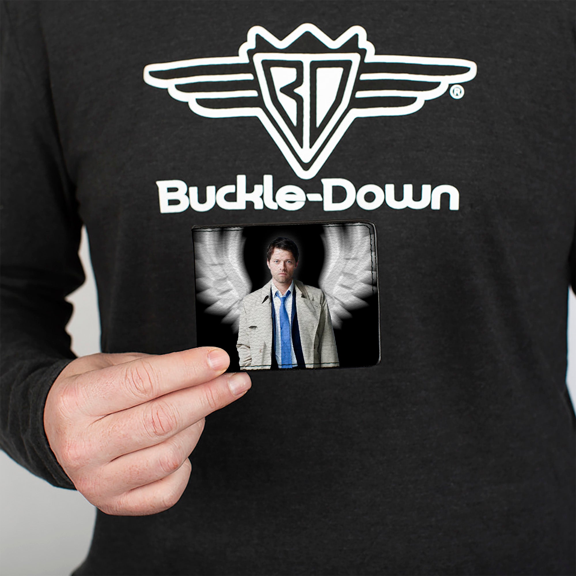 Bi-Fold Wallet - SUPERNATURAL Castiel Angel Wings Pose + Logo Black White Bi-Fold Wallets Supernatural