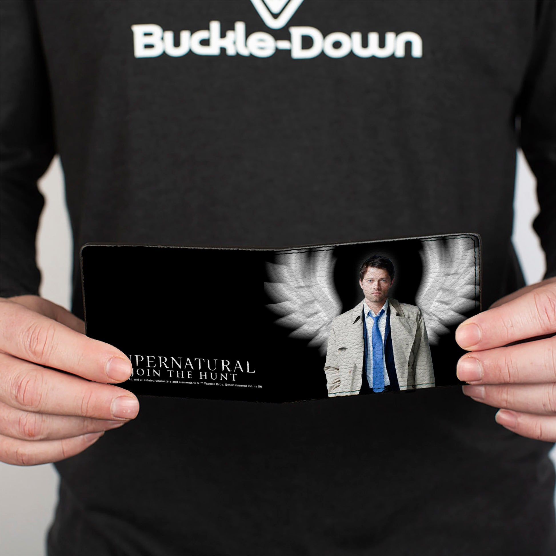 Bi-Fold Wallet - SUPERNATURAL Castiel Angel Wings Pose + Logo Black White Bi-Fold Wallets Supernatural