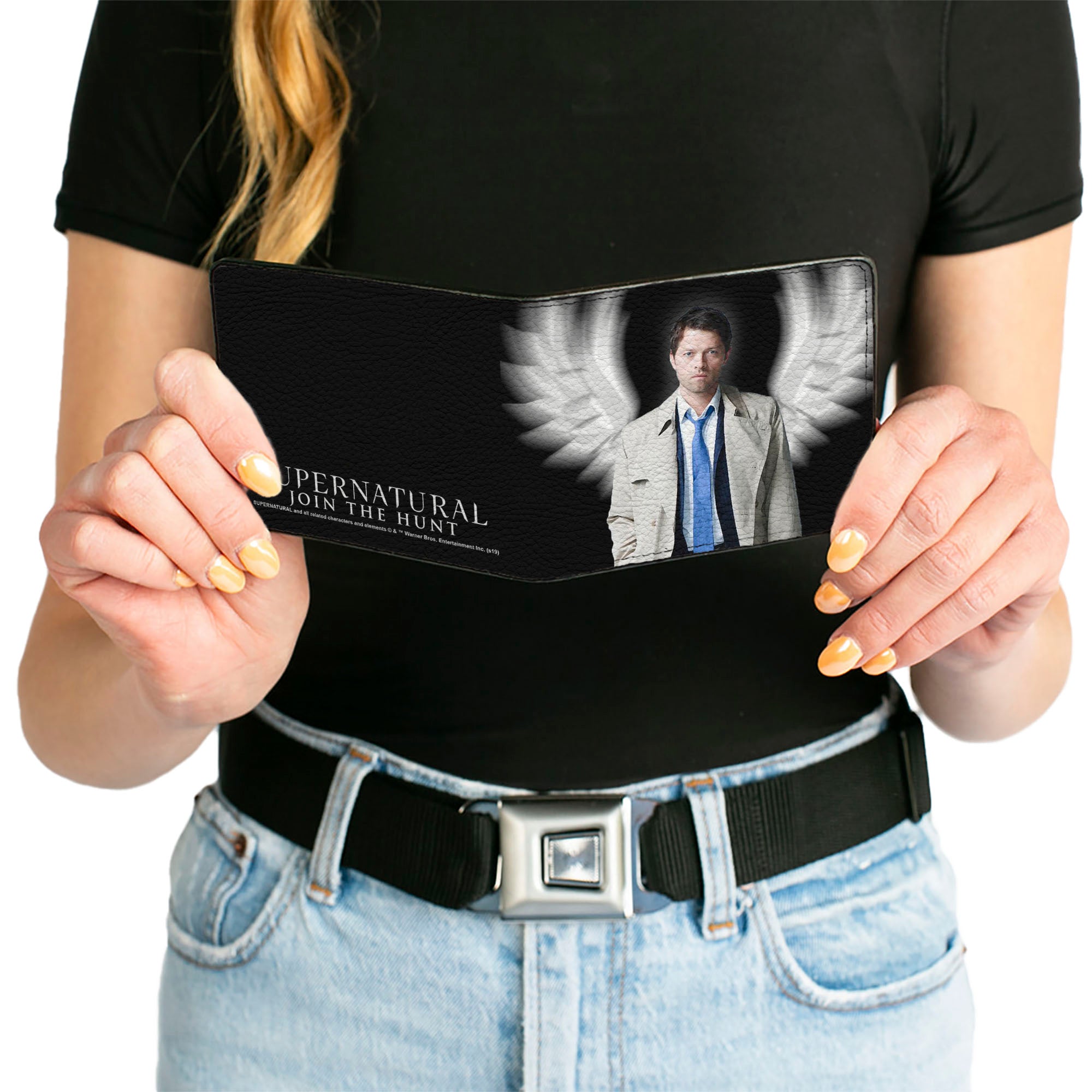 Bi-Fold Wallet - SUPERNATURAL Castiel Angel Wings Pose + Logo Black White Bi-Fold Wallets Supernatural