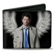 Bi-Fold Wallet - SUPERNATURAL Castiel Angel Wings Pose + Logo Black White Bi-Fold Wallets Supernatural