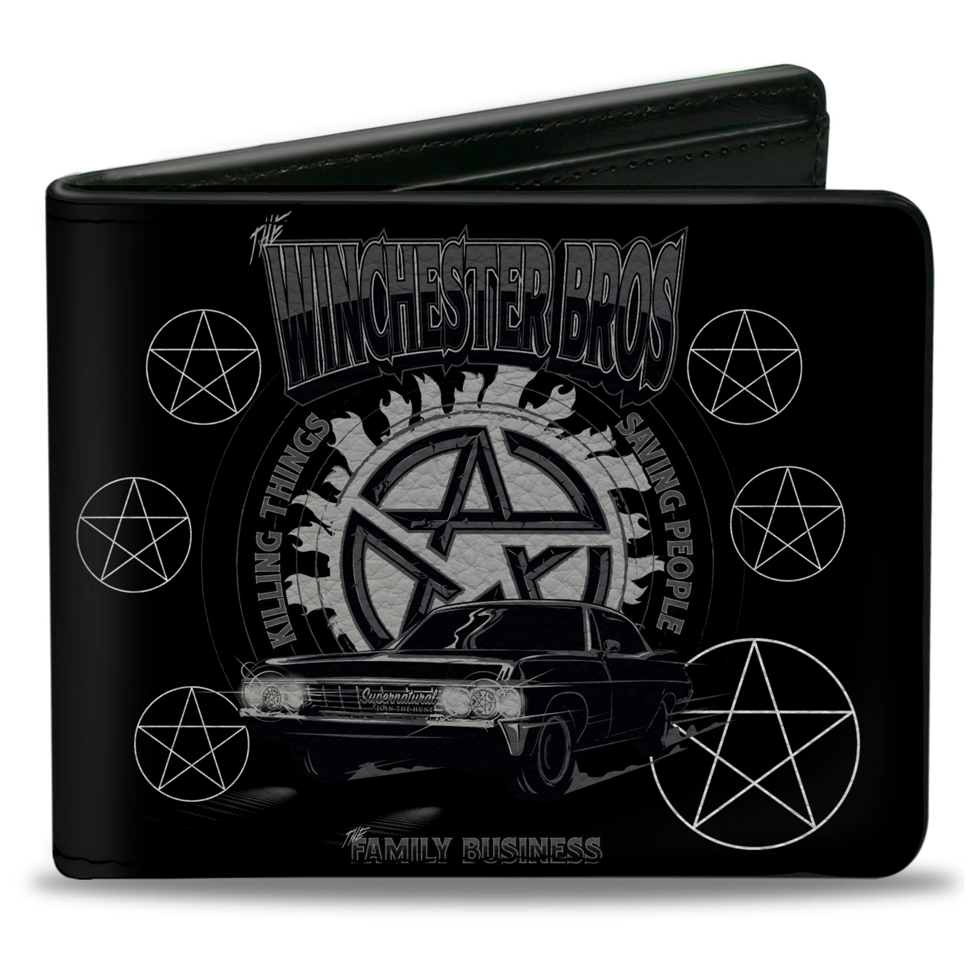 Bi-Fold Wallet - Supernatural THE WINCHESTER BROS Impala Pentagrams Scattered Black Grays White Bi-Fold Wallets Supernatural
