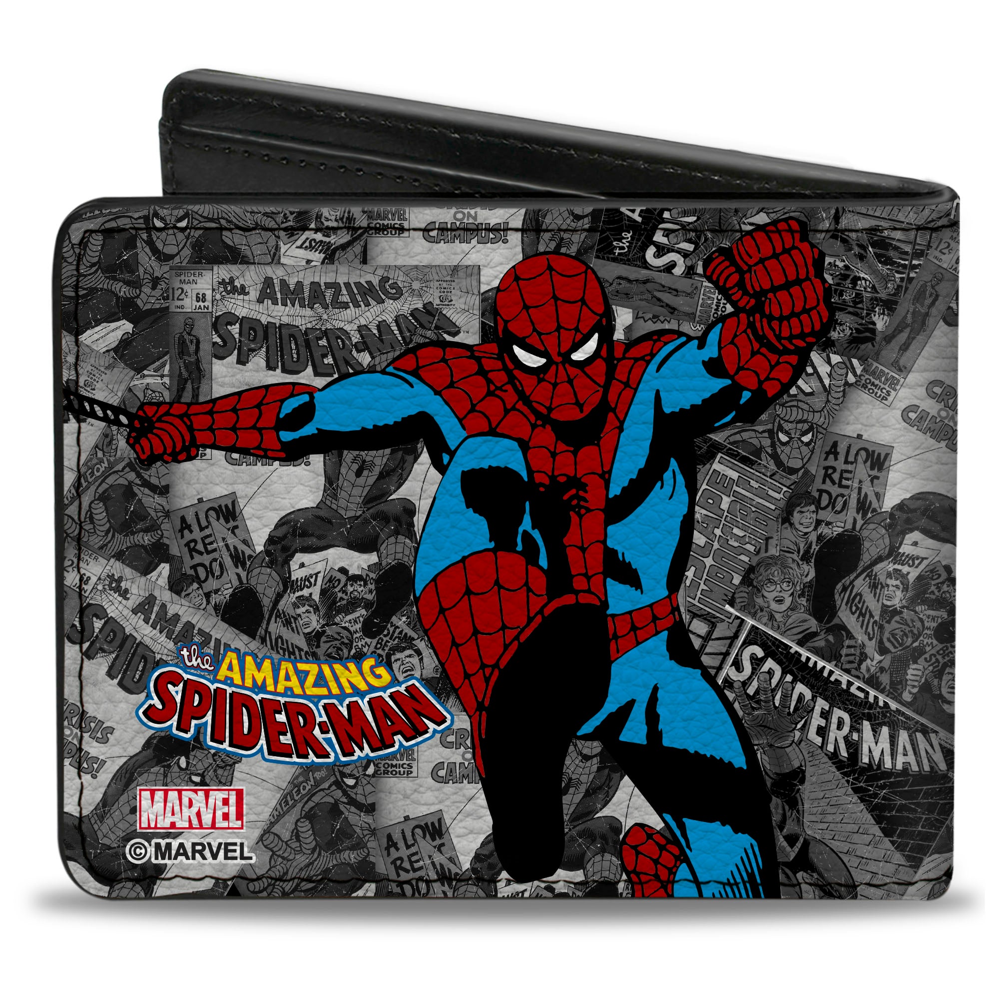 MARVEL COMICS 

Bi-Fold Wallet - THE AMAZING SPIDER-MAN Stacked Comic Books/Action Poses Grays