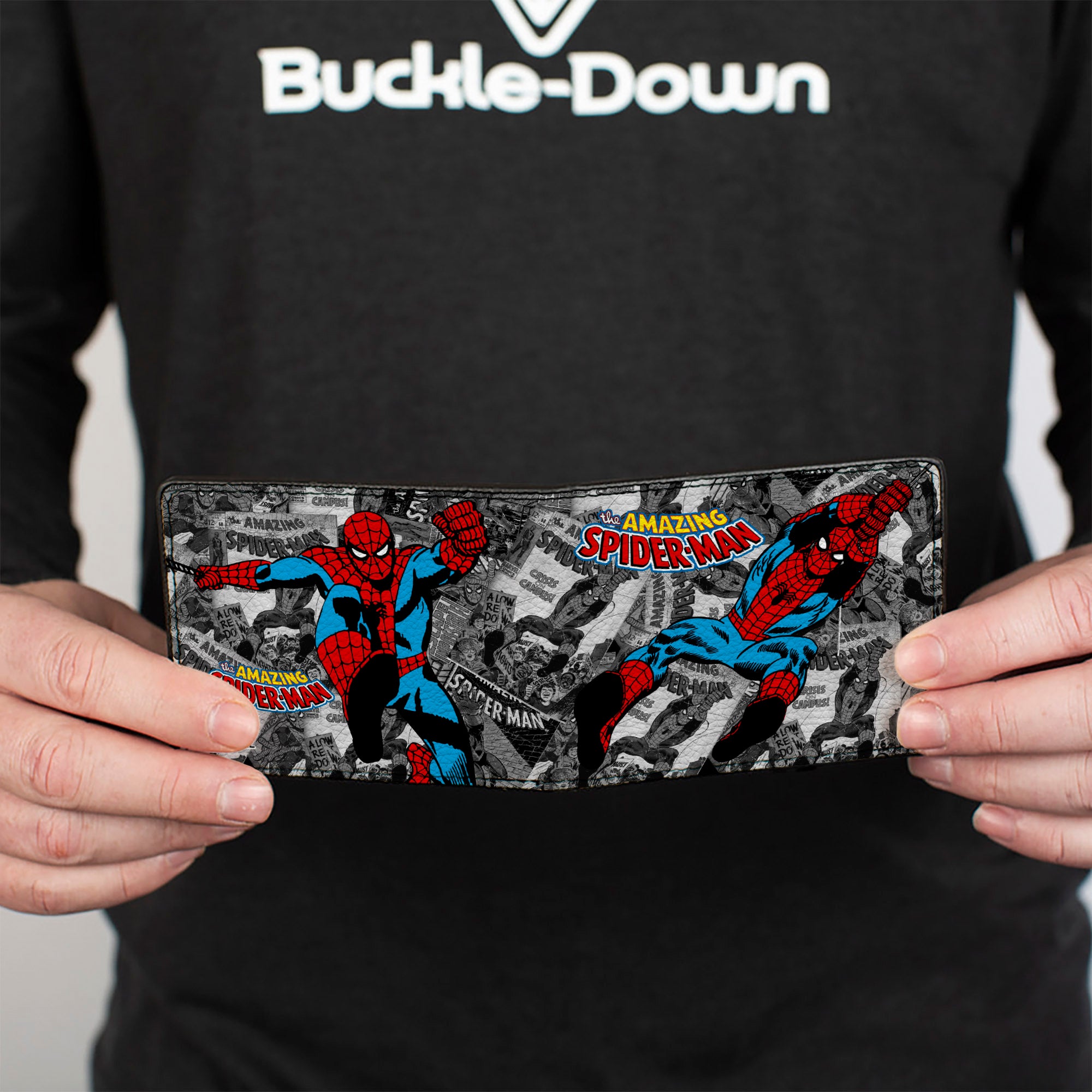 MARVEL COMICS 

Bi-Fold Wallet - THE AMAZING SPIDER-MAN Stacked Comic Books/Action Poses Grays