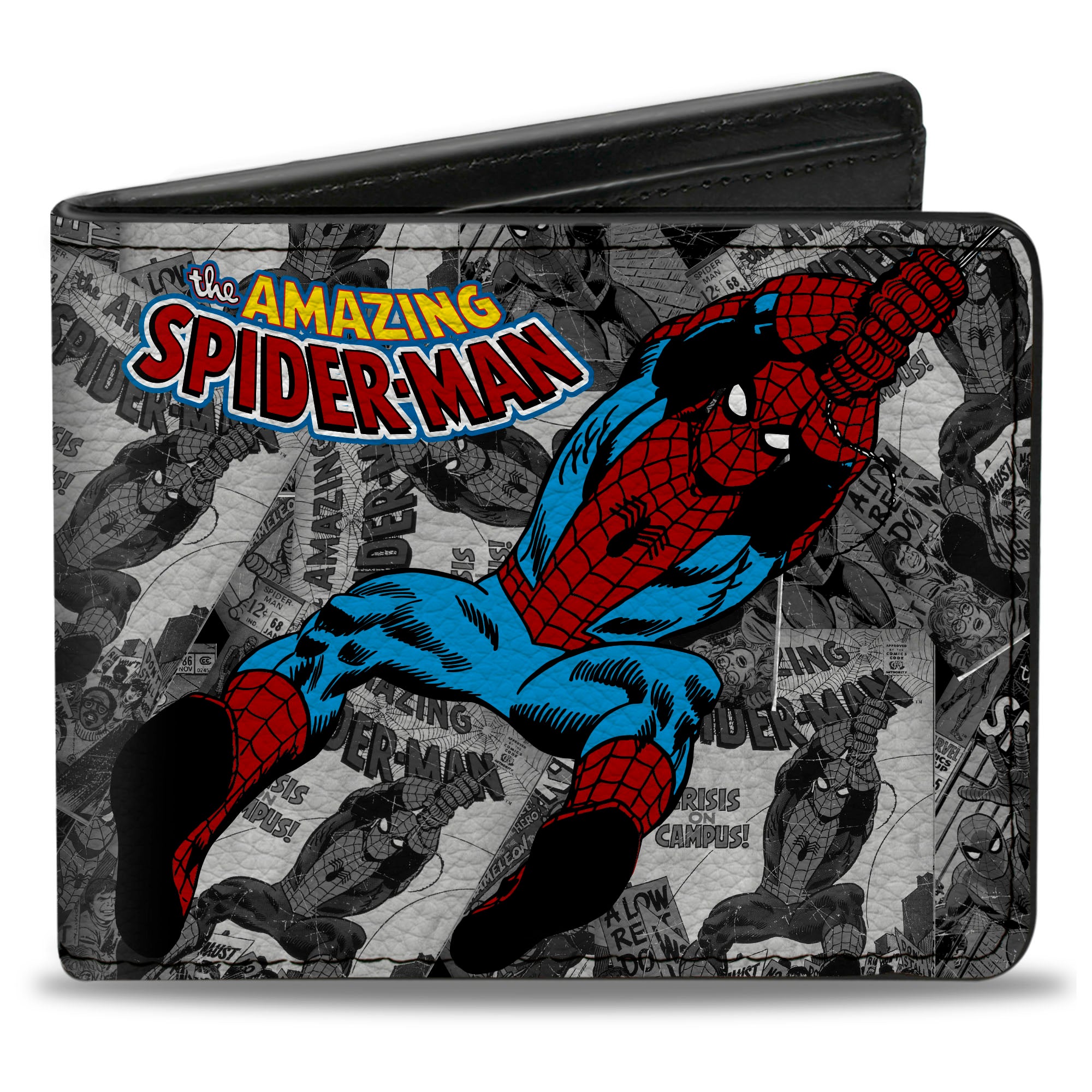 MARVEL COMICS 

Bi-Fold Wallet - THE AMAZING SPIDER-MAN Stacked Comic Books/Action Poses Grays
