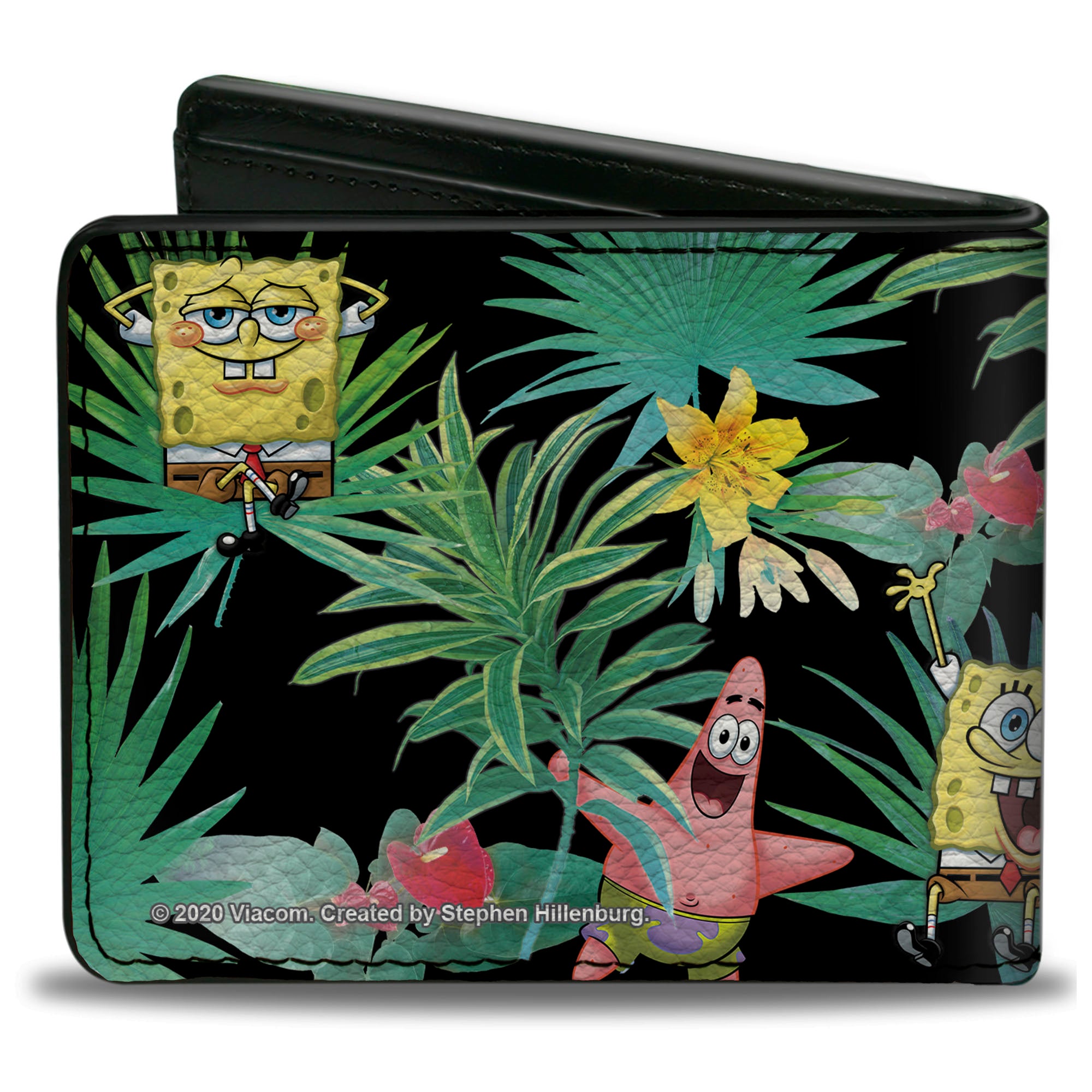 Bi-Fold Wallet - SpongeBob Squarepants and Patrick Starfish Tropical Fauna Collage Black Bi-Fold Wallets SpongeBob SquarePants