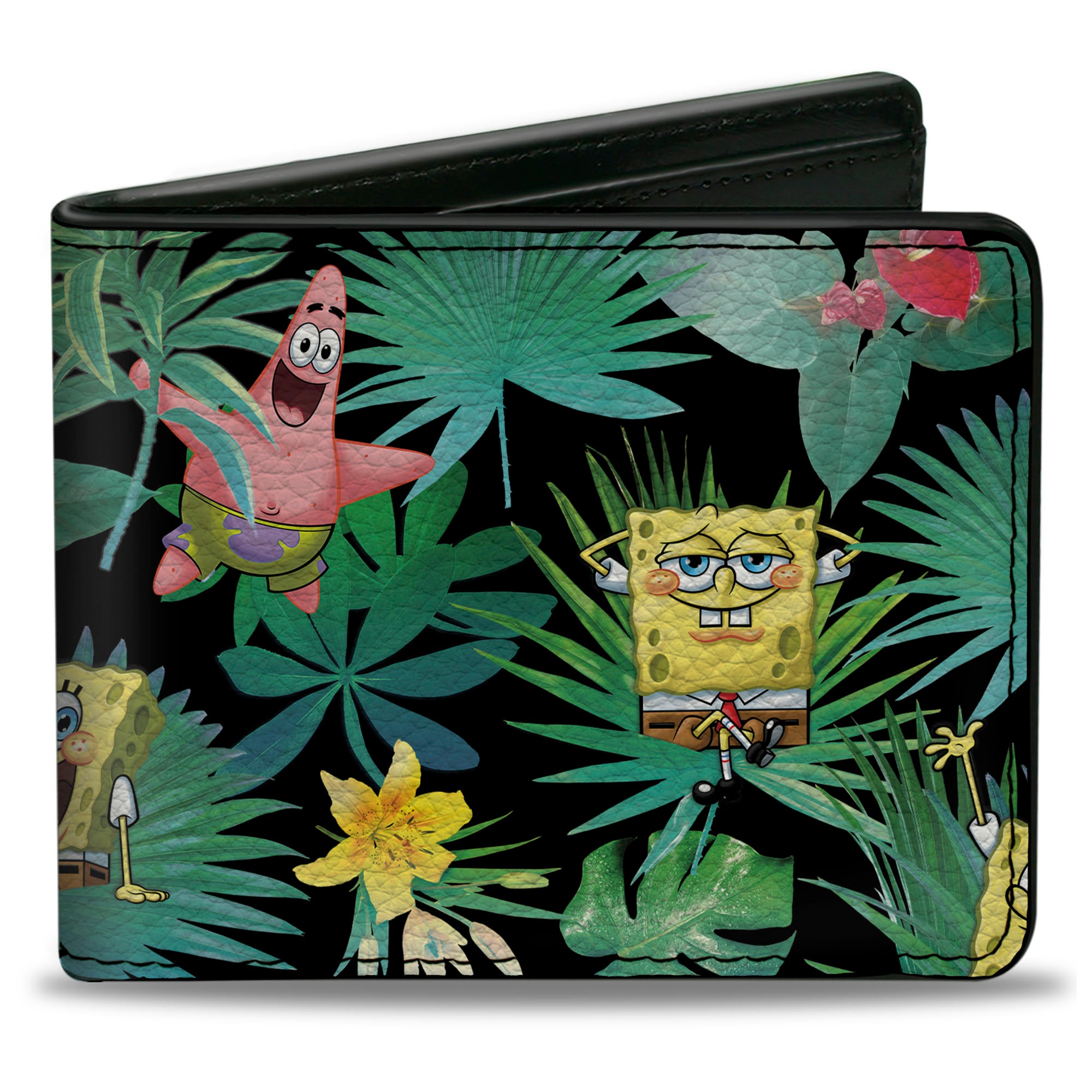 Bi-Fold Wallet - SpongeBob Squarepants and Patrick Starfish Tropical Fauna Collage Black Bi-Fold Wallets SpongeBob SquarePants