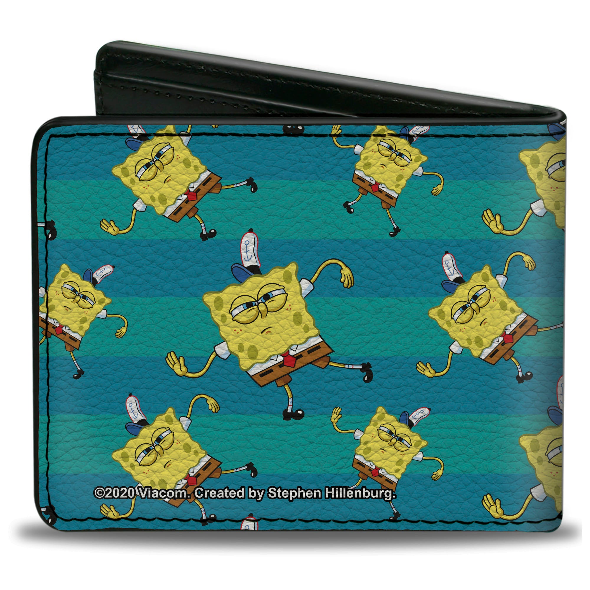 Bi-Fold Wallet - SpongeBob Dancing Pose Scattered Stripe Teal Blues Bi-Fold Wallets SpongeBob SquarePants