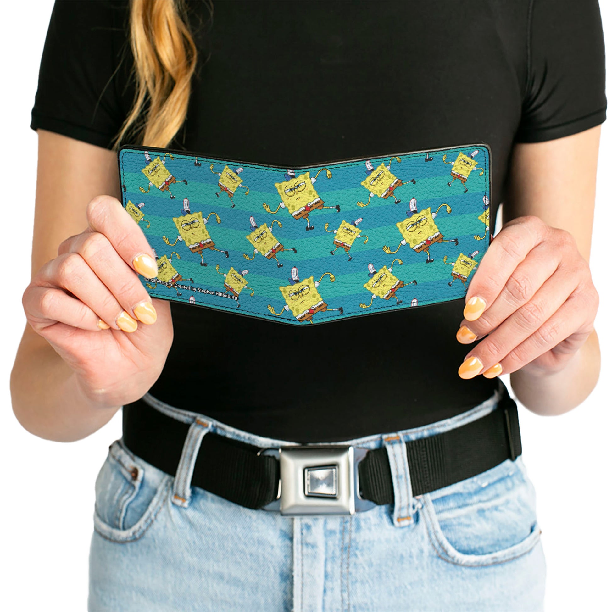Bi-Fold Wallet - SpongeBob Dancing Pose Scattered Stripe Teal Blues Bi-Fold Wallets SpongeBob SquarePants