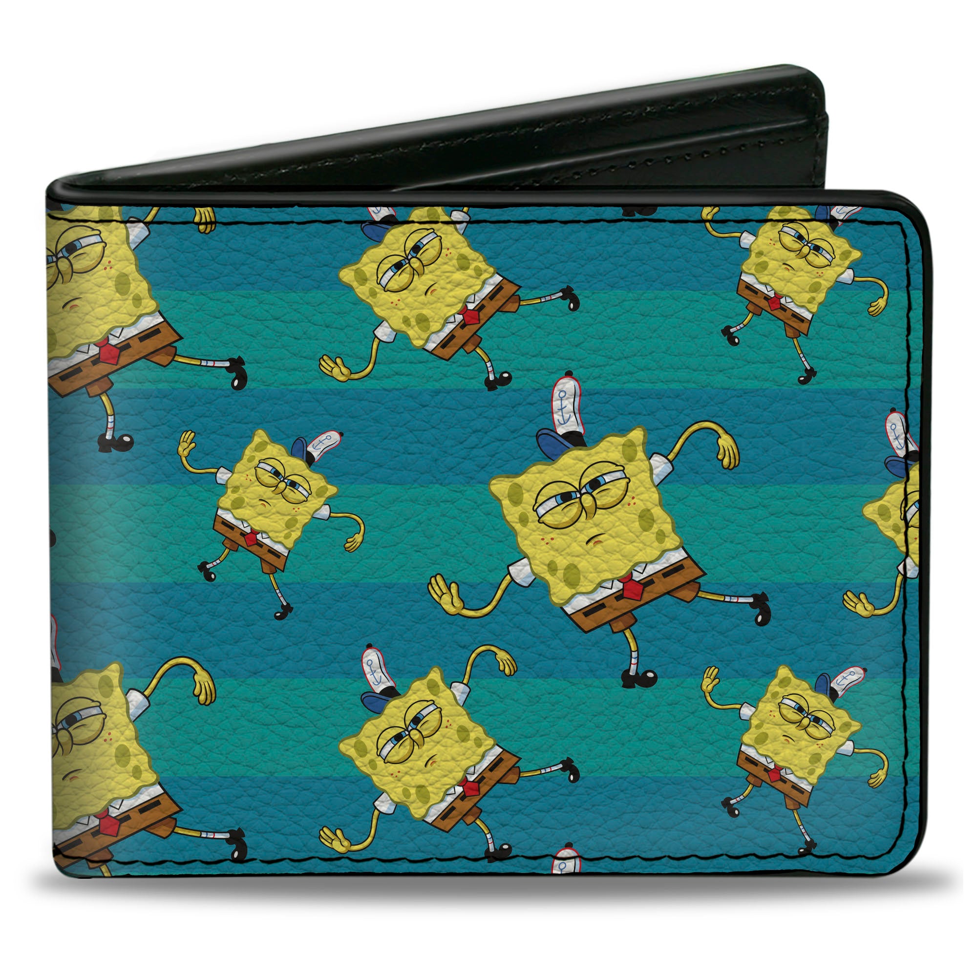 Bi-Fold Wallet - SpongeBob Dancing Pose Scattered Stripe Teal Blues Bi-Fold Wallets SpongeBob SquarePants