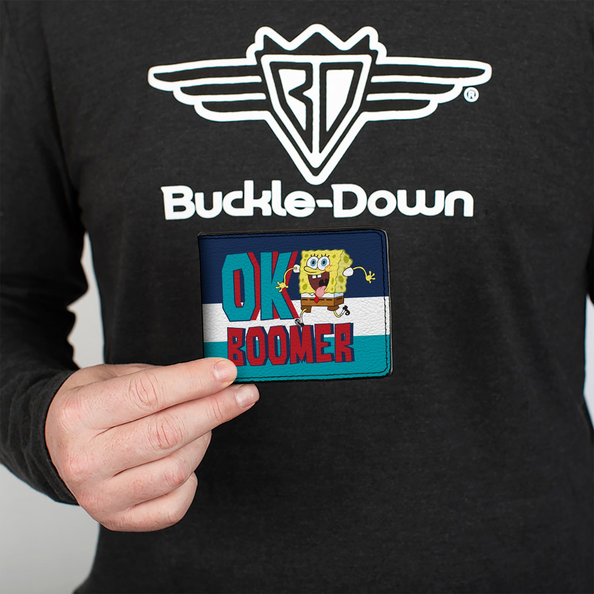 Bi-Fold Wallet - SpongeBob SquarePants OK BOOMER Tongue Out Pose Stripe Blues White Bi-Fold Wallets SpongeBob SquarePants