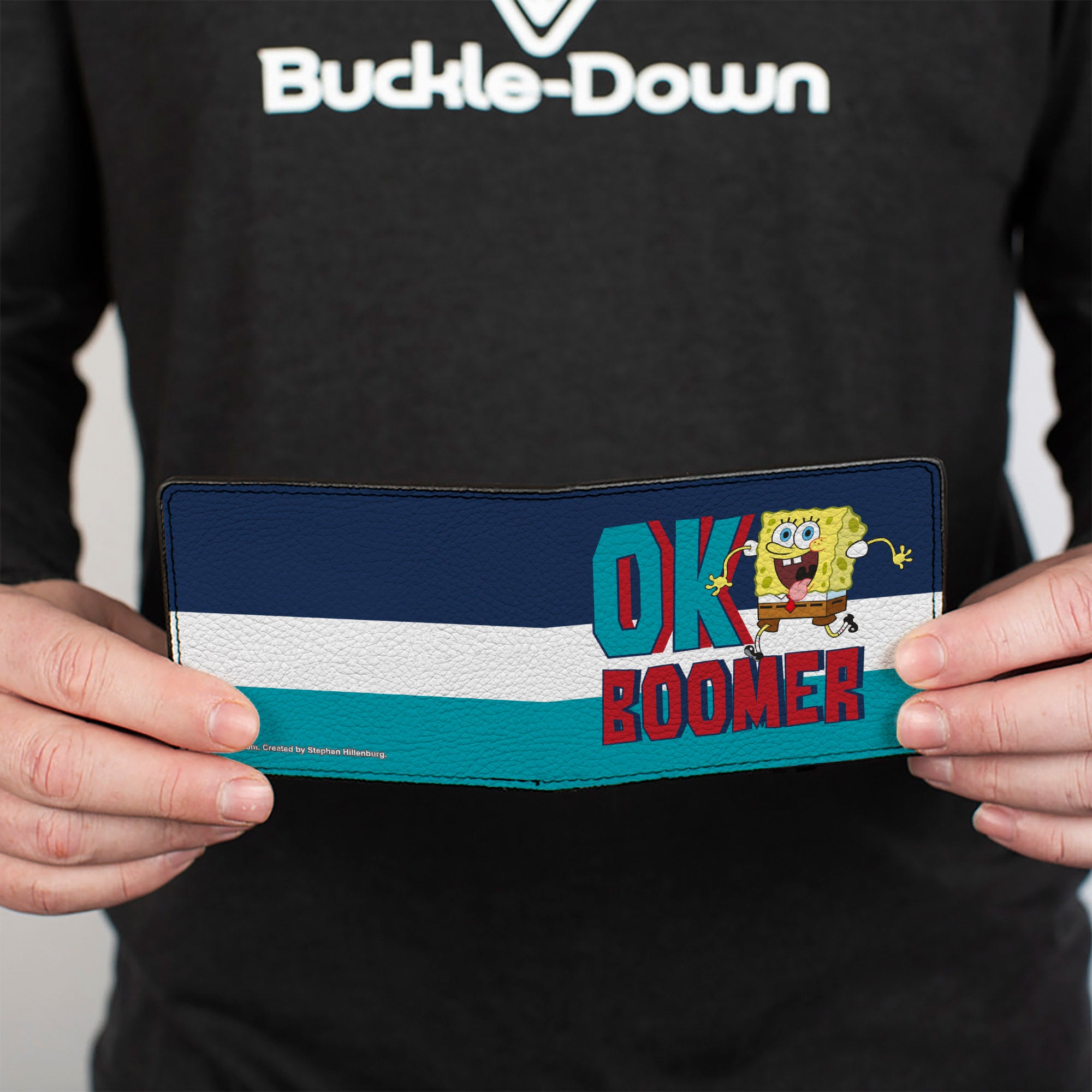 Bi-Fold Wallet - SpongeBob SquarePants OK BOOMER Tongue Out Pose Stripe Blues White Bi-Fold Wallets SpongeBob SquarePants