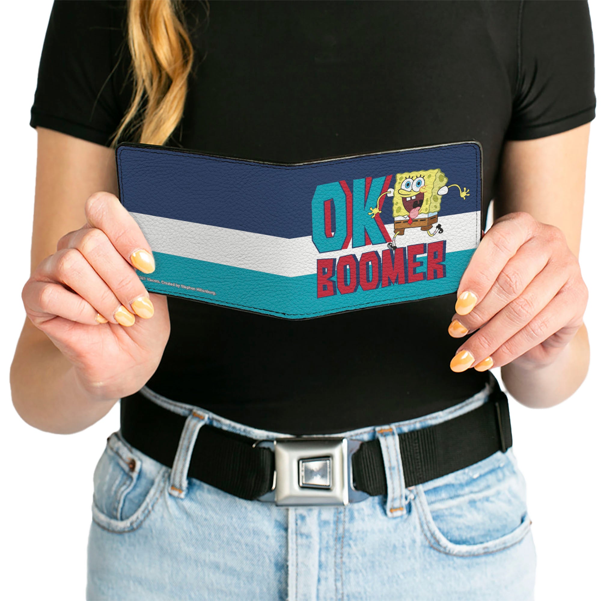 Bi-Fold Wallet - SpongeBob SquarePants OK BOOMER Tongue Out Pose Stripe Blues White Bi-Fold Wallets SpongeBob SquarePants