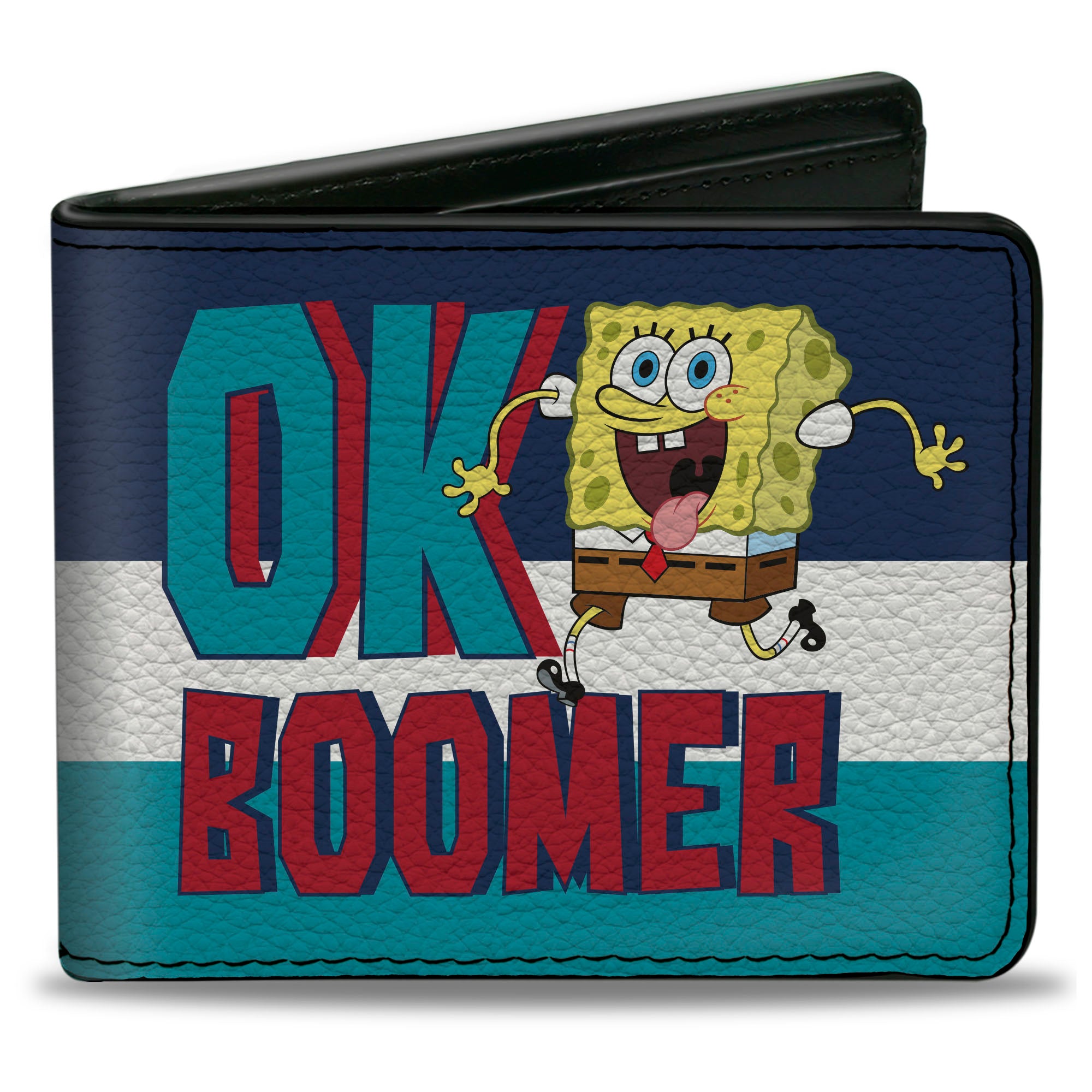 Bi-Fold Wallet - SpongeBob SquarePants OK BOOMER Tongue Out Pose Stripe Blues White Bi-Fold Wallets SpongeBob SquarePants