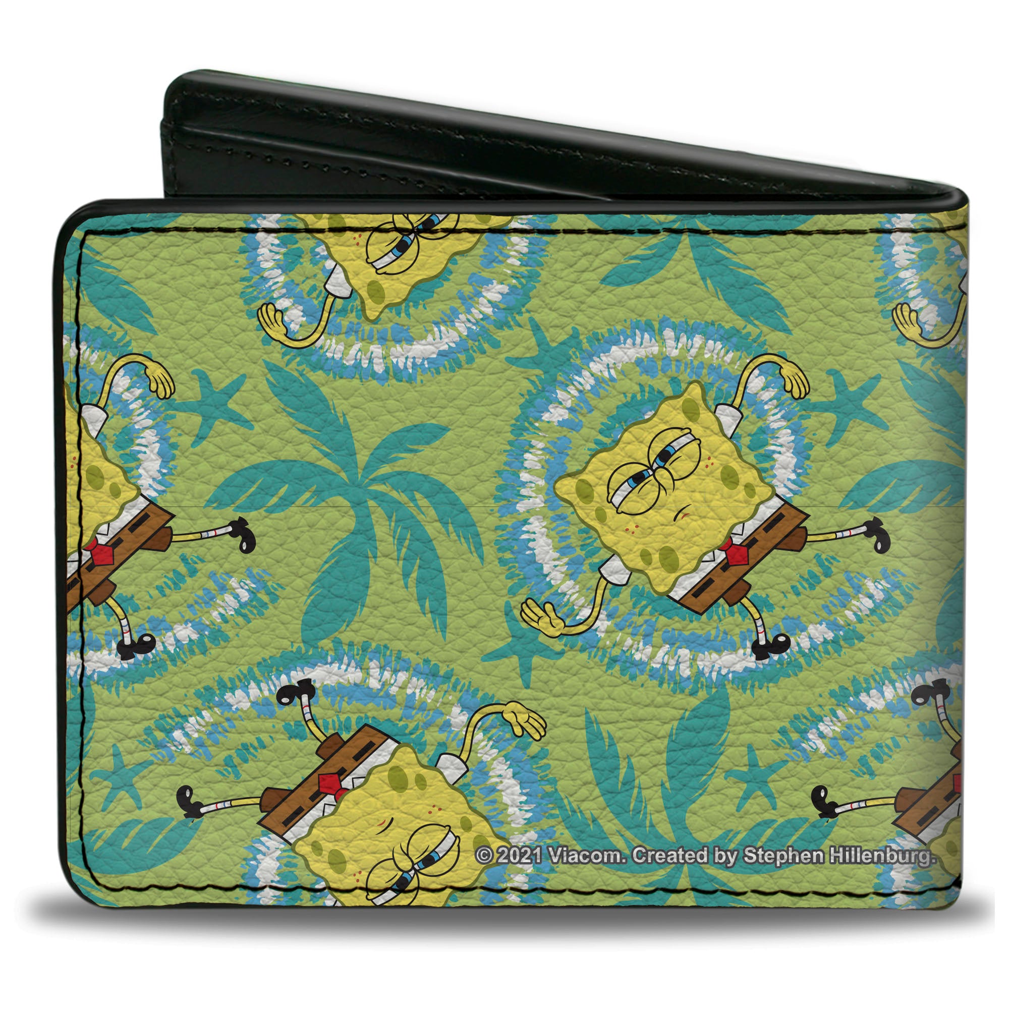 Bi-Fold Wallet - SpongeBob Wavy Noodle Arm Pose Tropical Tie Dye Green Blue White Bi-Fold Wallets SpongeBob SquarePants