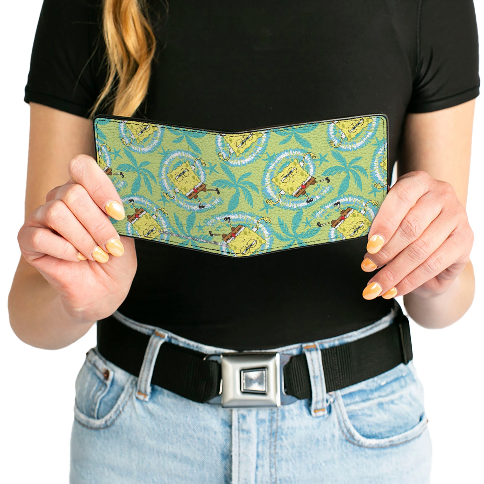 Bi-Fold Wallet - SpongeBob Wavy Noodle Arm Pose Tropical Tie Dye Green Blue White Bi-Fold Wallets SpongeBob SquarePants