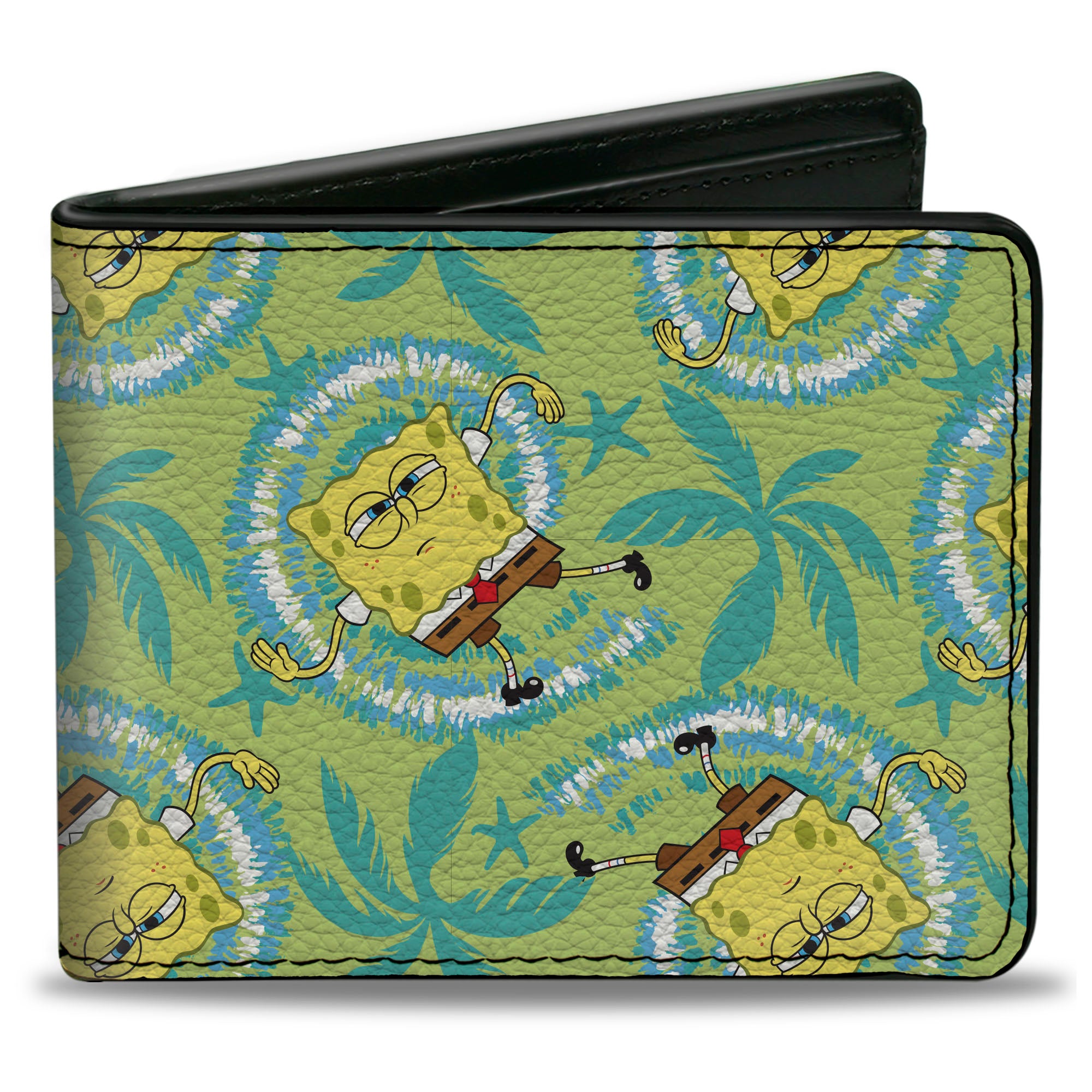 Bi-Fold Wallet - SpongeBob Wavy Noodle Arm Pose Tropical Tie Dye Green Blue White Bi-Fold Wallets SpongeBob SquarePants