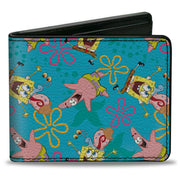 Bi-Fold Wallet - SpongeBob Patrick and Gary Joy Poses and Flowers Scattered Blue Bi-Fold Wallets SpongeBob SquarePants