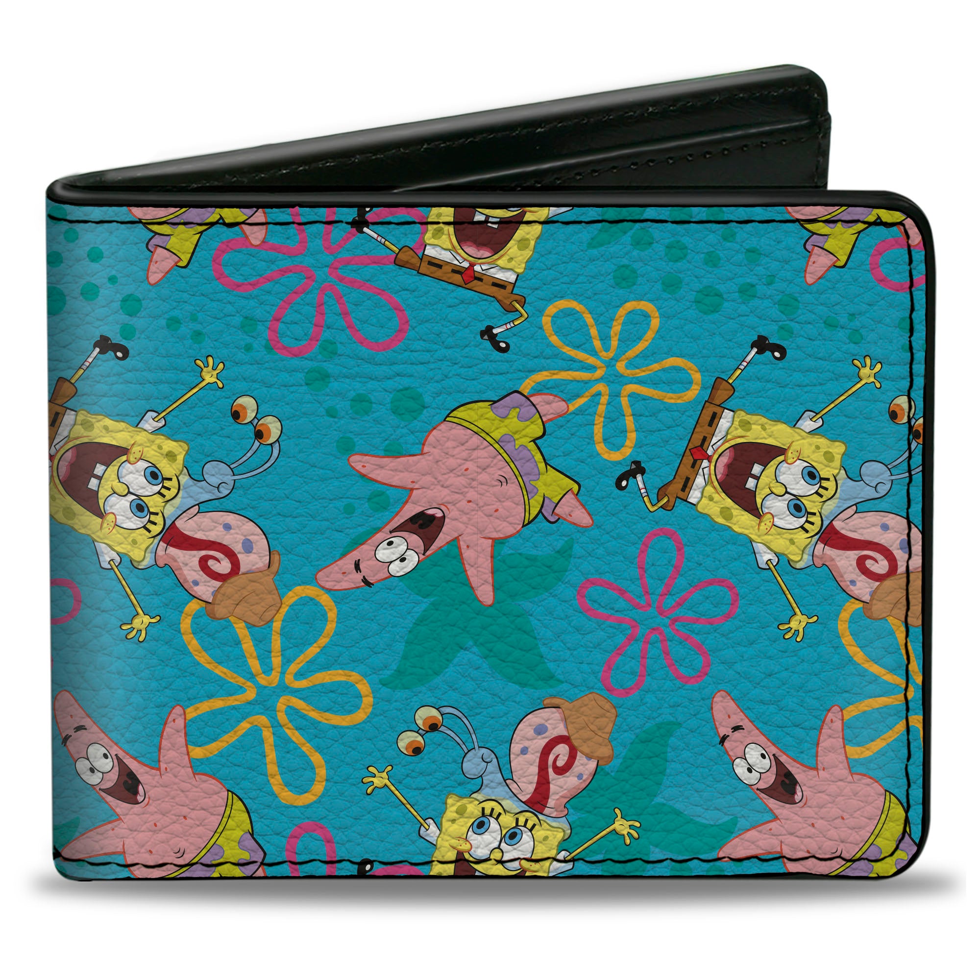 Bi-Fold Wallet - SpongeBob Patrick and Gary Joy Poses and Flowers Scattered Blue Bi-Fold Wallets SpongeBob SquarePants